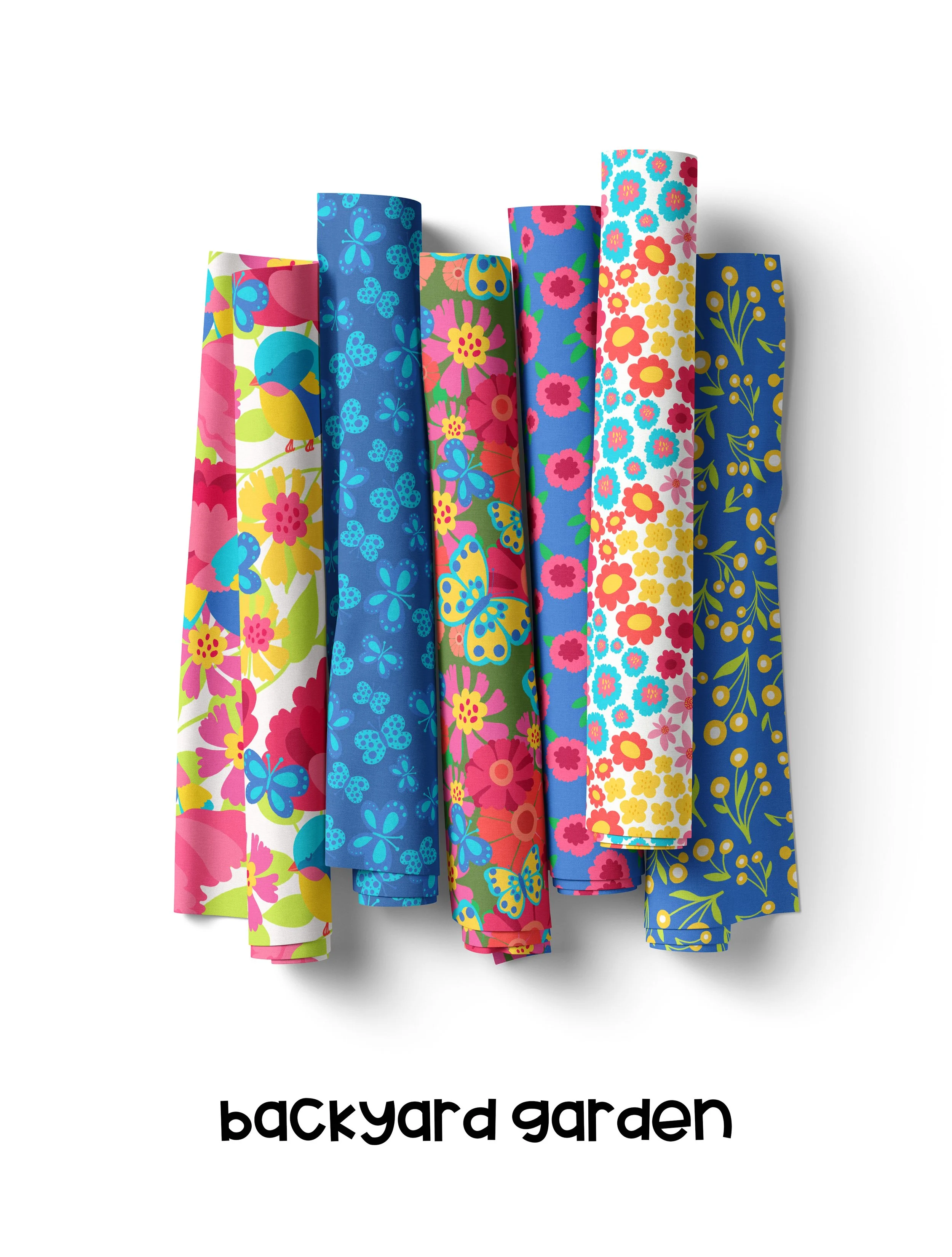 6 rolls of fabric with floral, nature inspired artwork featuring butterflies and birds in bright bold whimiscal style