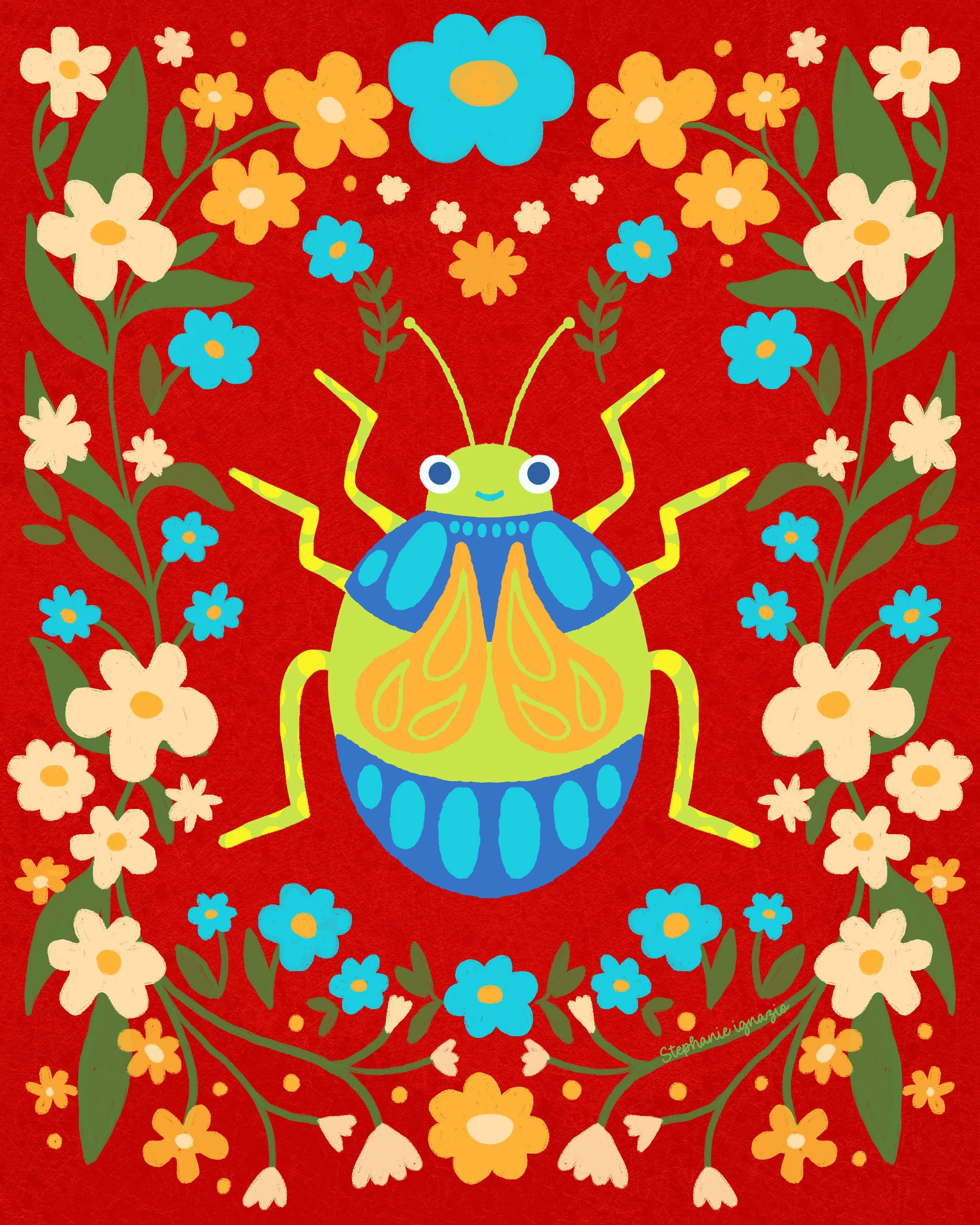 Colorful illustration of a whimsical bug with blue, yellow, and orange wings, smiling face, antennae, and surrounded by white, yellow, and blue flowers on a red background.