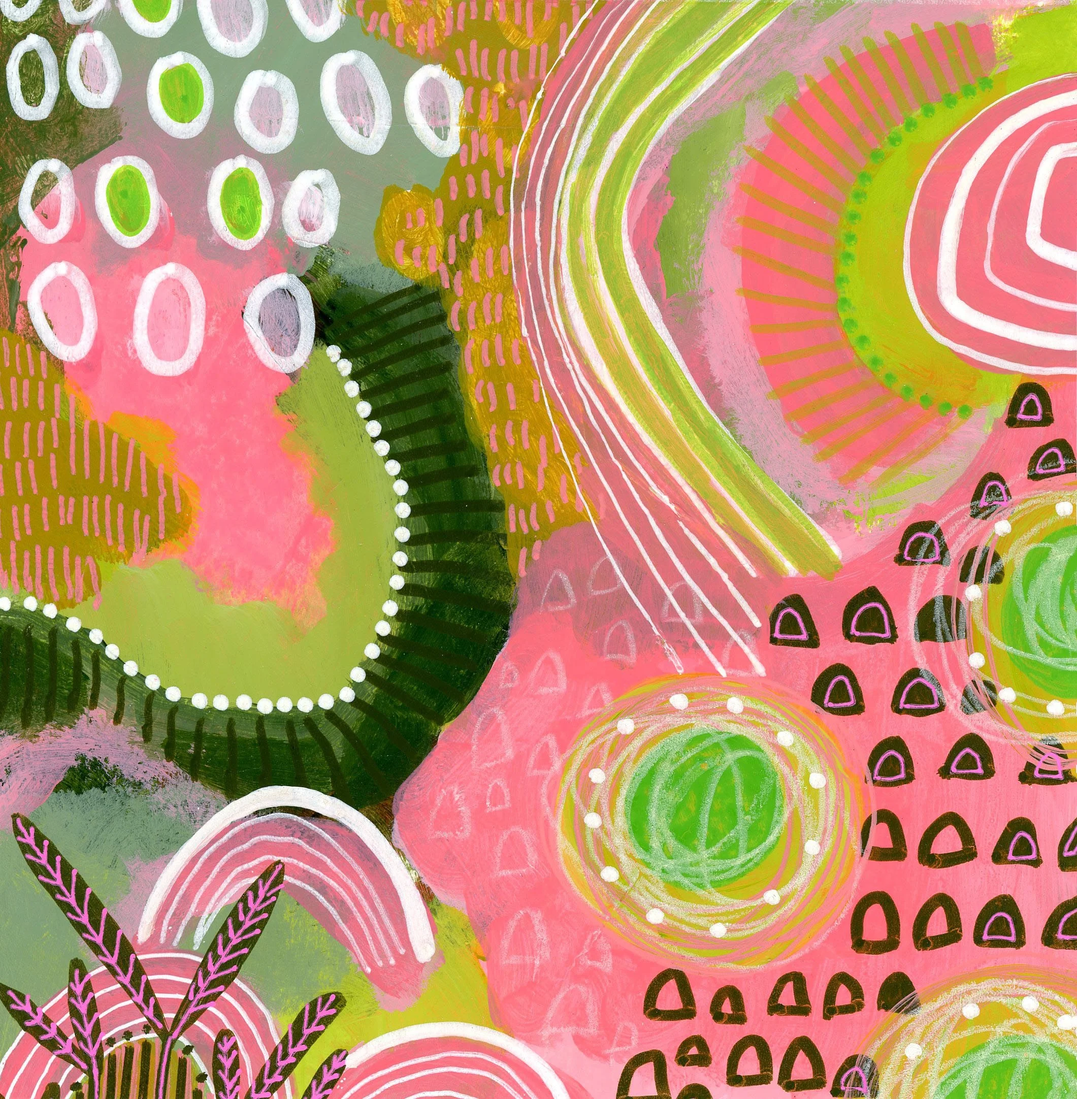 Abstract floral pattern with pink, green, and white colors, featuring various circular and leaf-like shapes, lines, and dots.