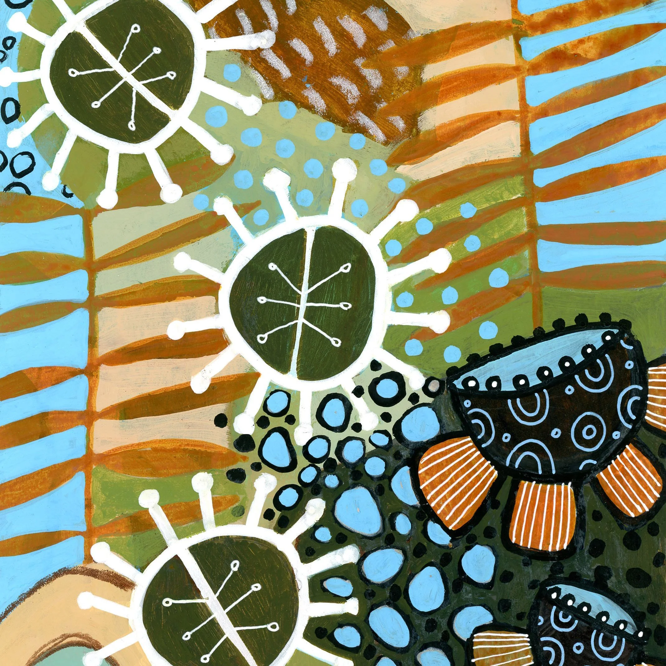 Abstract painting depicting stylized circles with white outer spikes, black centers, blue inner circles, and orange segmented structures against a colorful background of orange, green, and blue.