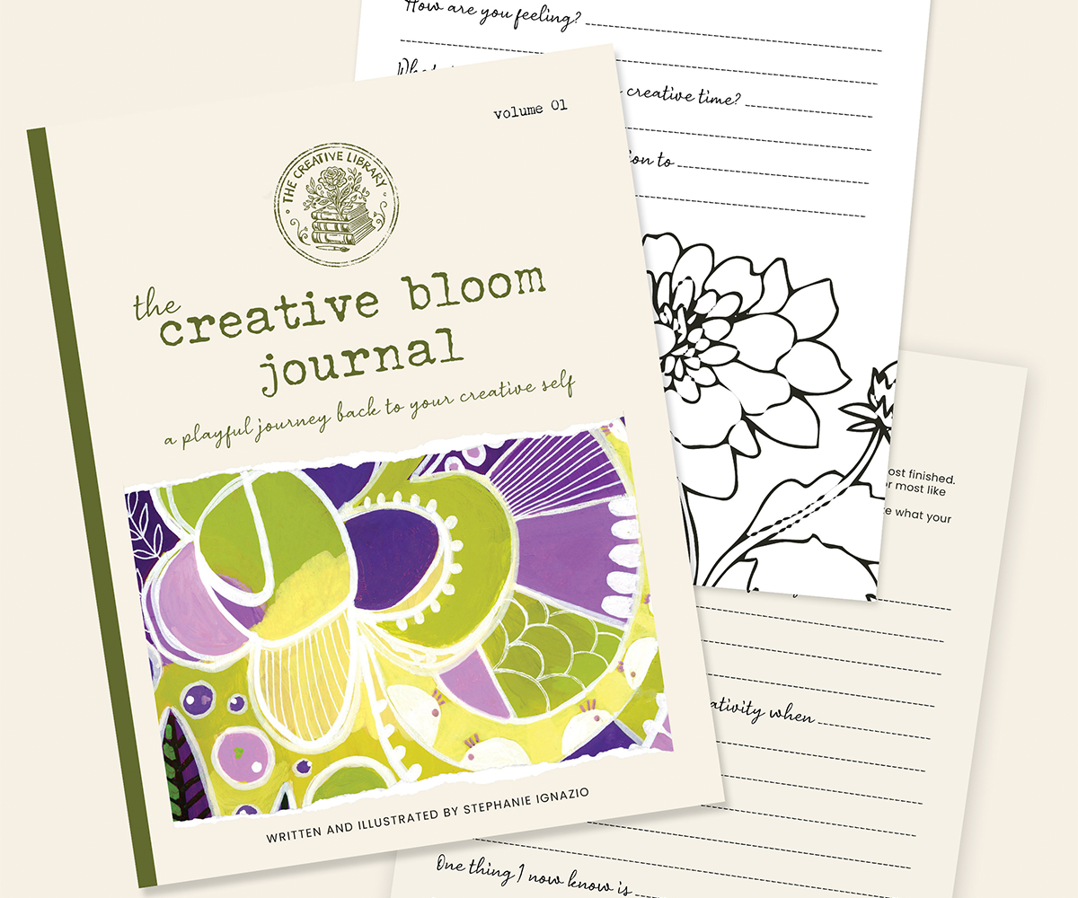 The Creative Bloom Journal by artsit Stephanie Ignazio, shown with printable reflection, writing and floral drawing pages.