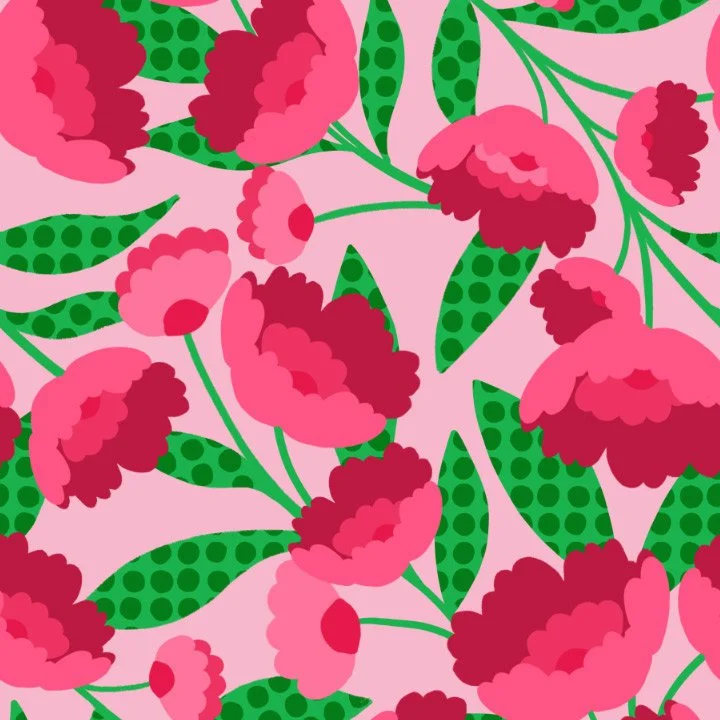 Pattern of pink and red peony flowers with green leaves on a light pink background.