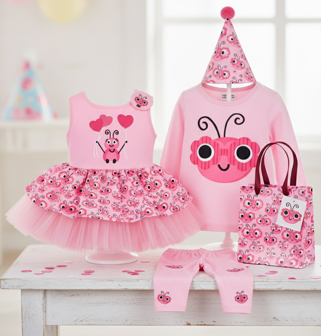 Pink children's clothing and accessories with ladybug and butterfly patterns, including a dress, a long-sleeve top with a ladybug face, pink leggings, a party hat, and a gift bag on a white table.