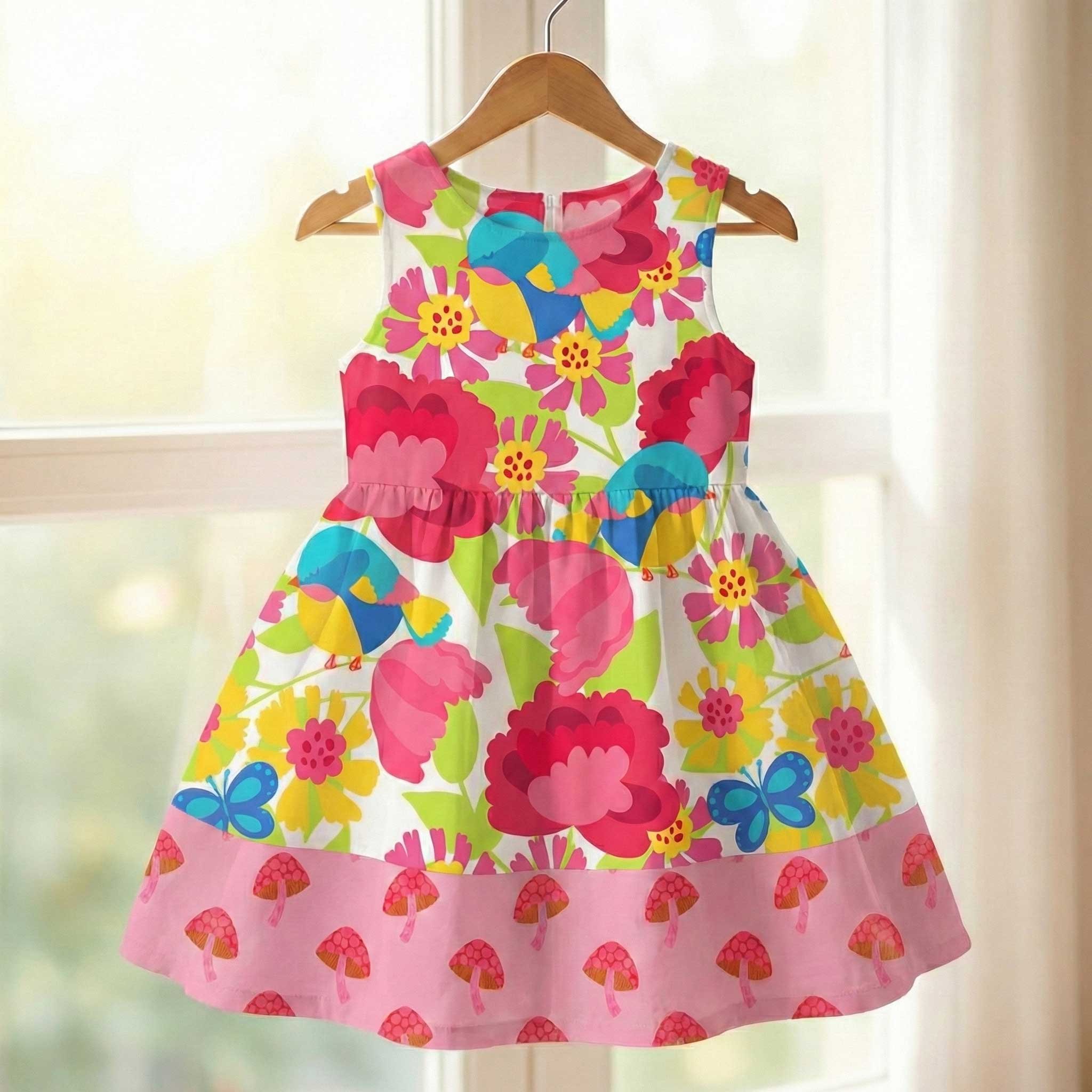 toddler party dress in whimiscal colorful bird pattern with pink mushroom pattern as bottom hem