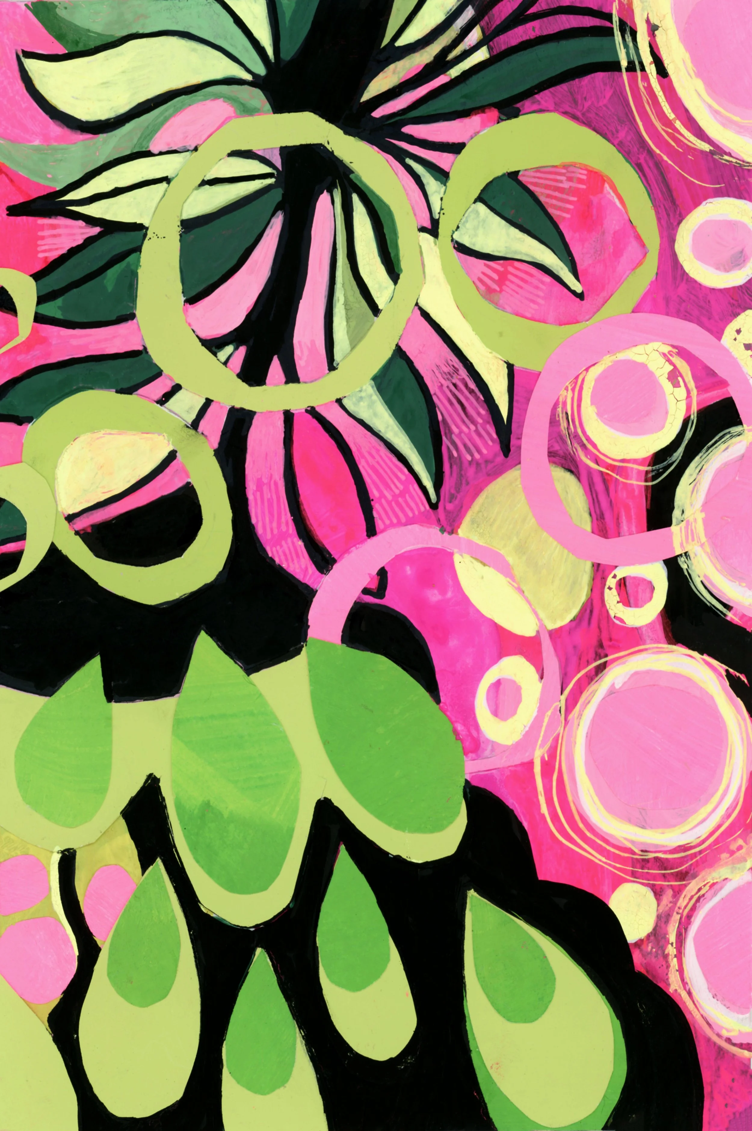 Bold intuitive abstract painting by Stephanie Ignazio featuring oversized leaves, layered circles, and flowing organic forms in hot pink, lime green, pale yellow, deep green, and black.