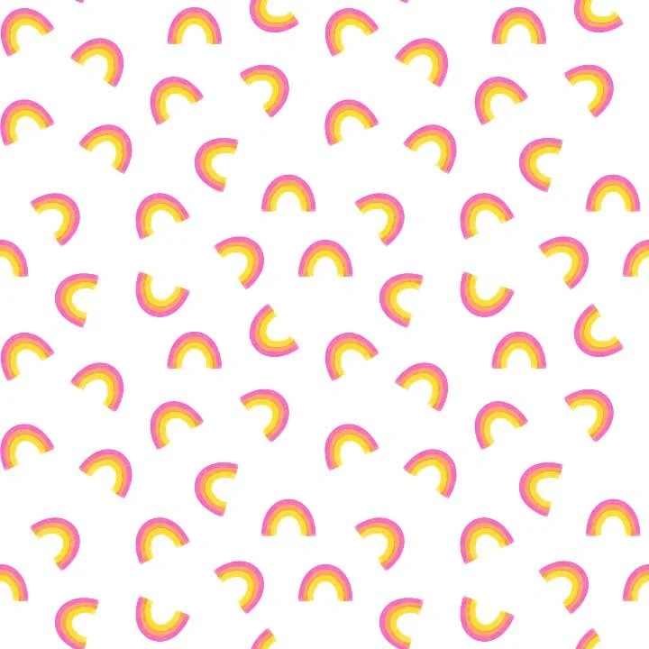 Playful handpainted rainbow pattern with hand-drawn arc shapes in pink, orange, and yellow on a white background