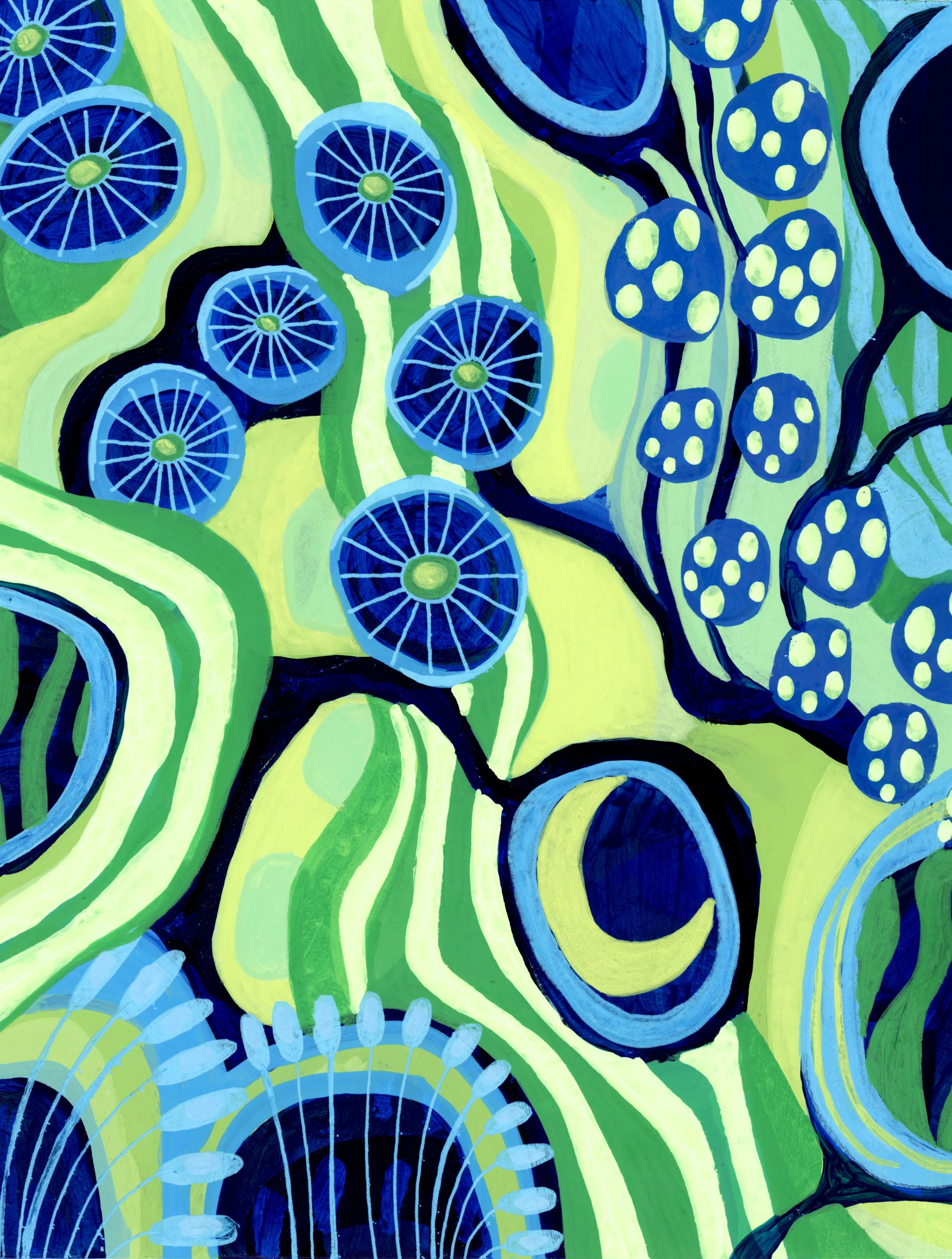 Lively intuitive abstract painting by Stephanie Ignazio featuring circular flower-like forms, spotted seedpods, and flowing organic shapes in lime green, cobalt blue, sky blue, and deep navy.