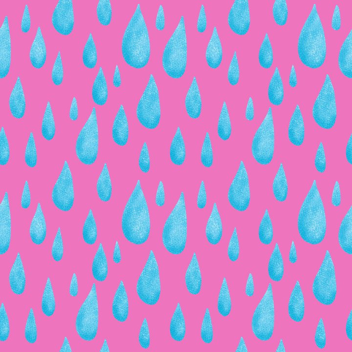 Textured raindrop pattern with scattered blue water droplets on a bright pink background