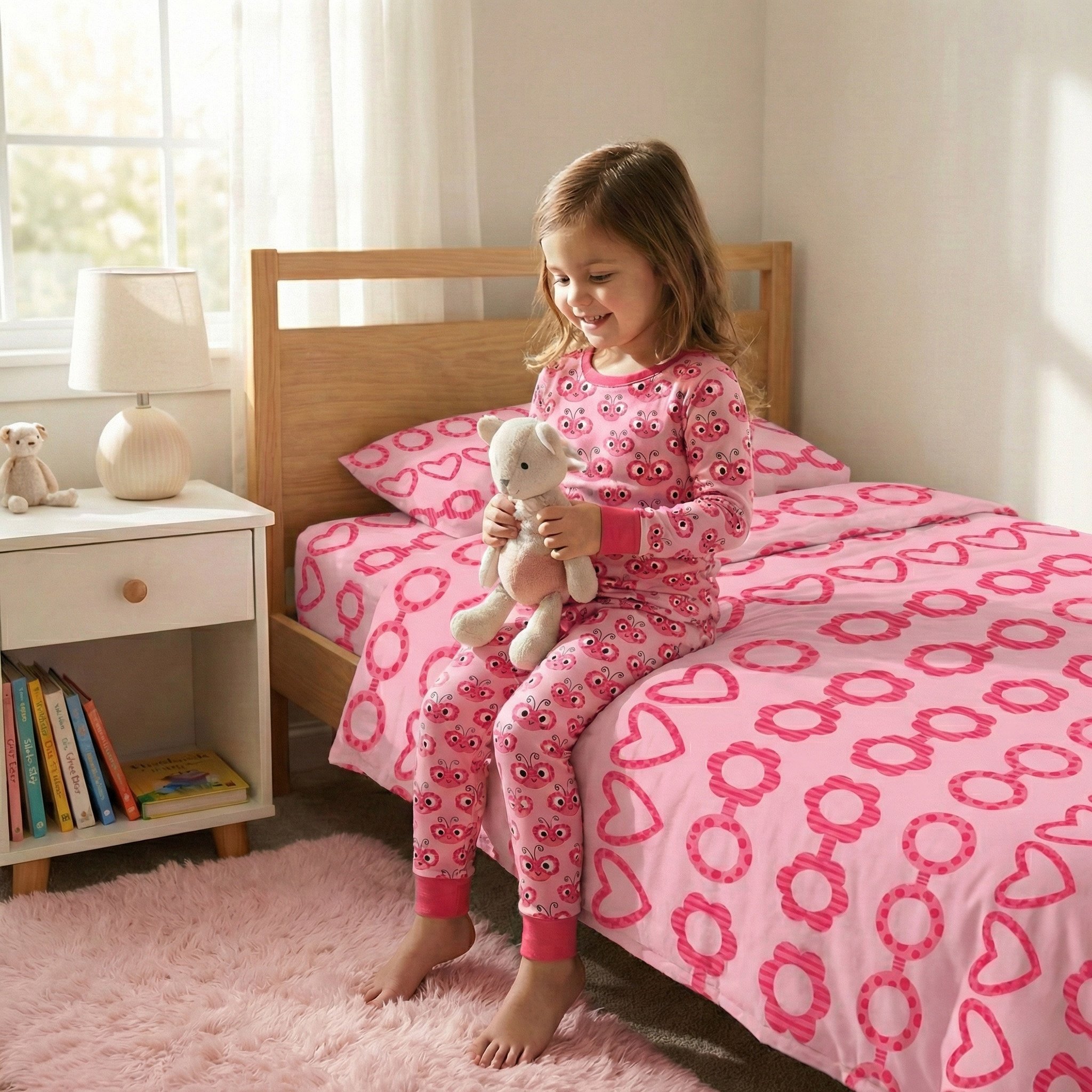 Children’s bedroom scene featuring a child in coordinating ladybug pajamas and heart-pattern bedding from the Love and Ladybugs collection.