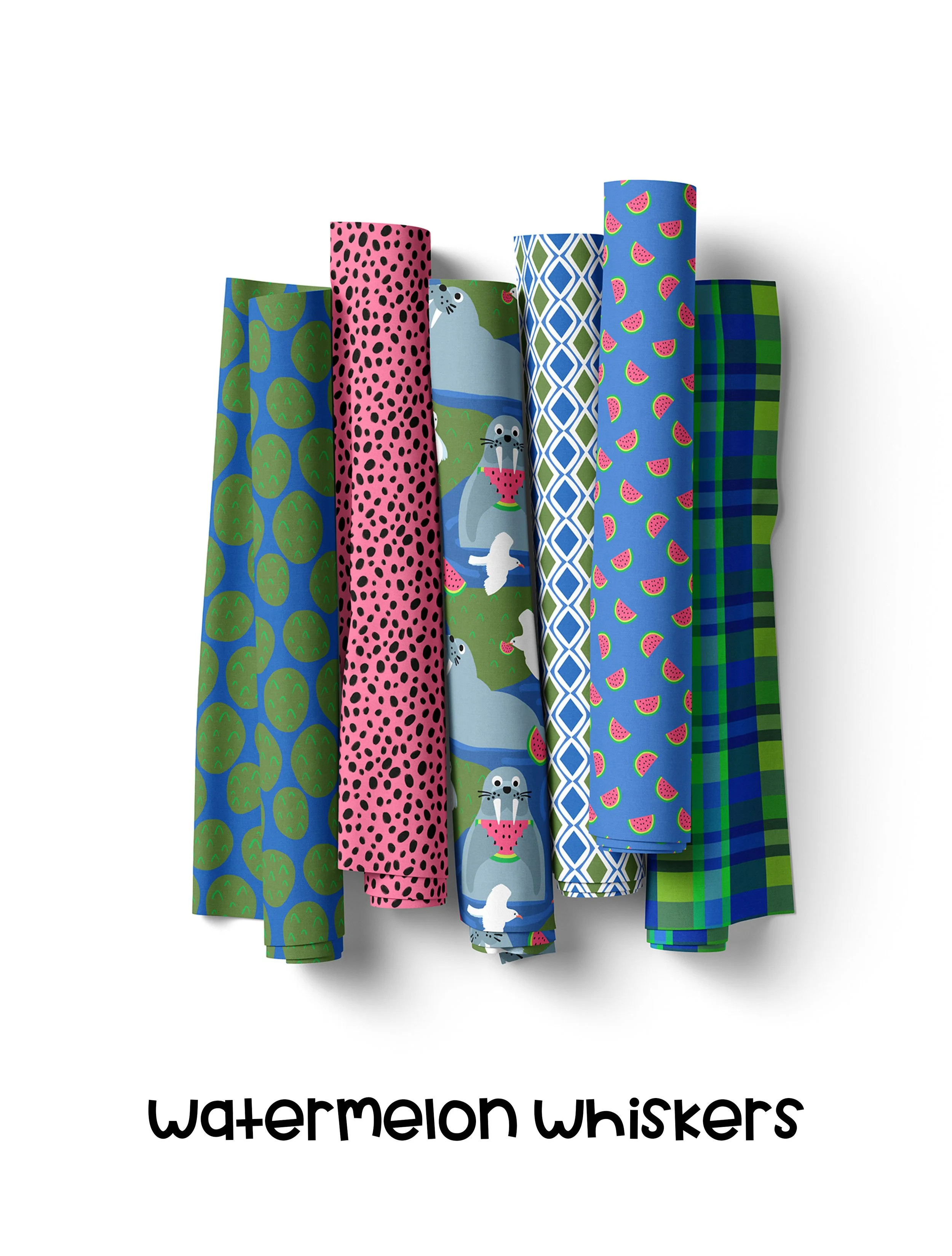 6 rolls of fabric featuring a preview of rhe watermelon whiskers fabric collection with images of walruses, watermelons and seagulls in a color palette of blues, greems and pops of magenta pink