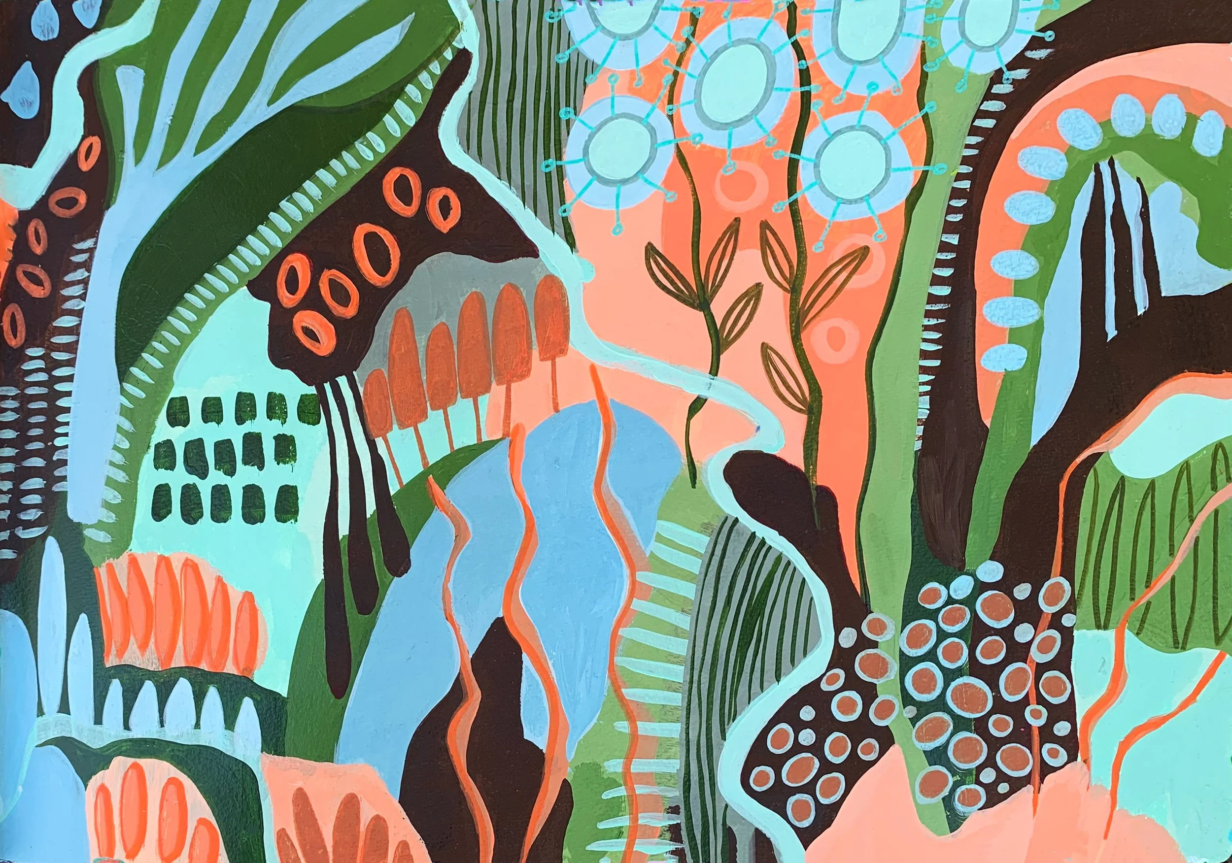 Abstract painting with various shapes and patterns in shades of green, blue, black, and peach. Includes stylized plants, dots, lines, and organic forms.