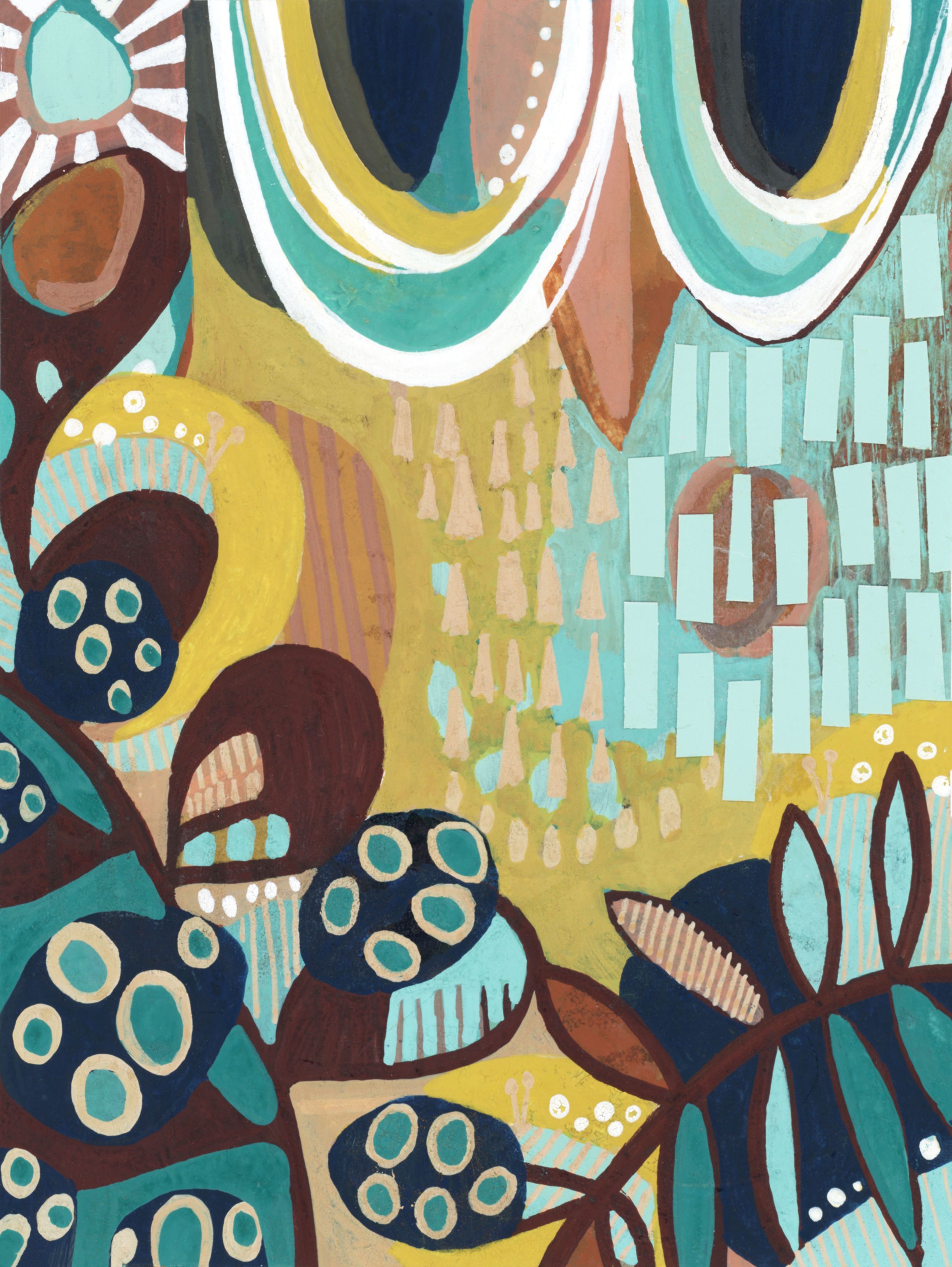 Intuitive abstract painting by Stephanie Ignazio featuring layered seedpod shapes, an owl, leaves, circles, and patterned forms in turquoise, mustard yellow, navy, rust, brown, and cream.