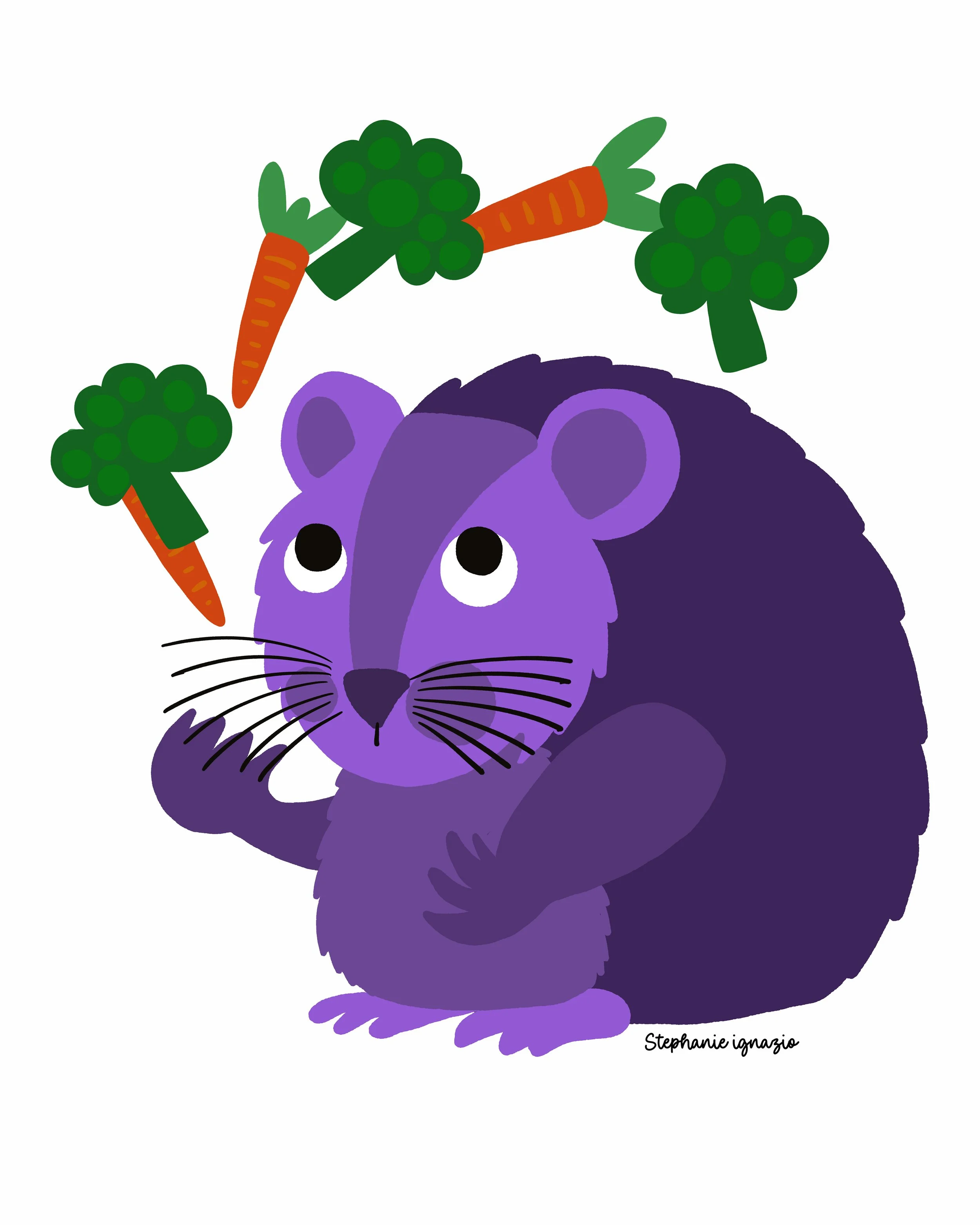 Playful woodland character illustration featuring a cheerful purple vole juggling carrots and broccoli. Designed as a hero spot illustration, this whimsical artwork is ideal for children’s products, packaging, apparel graphics, kitchen goods, station