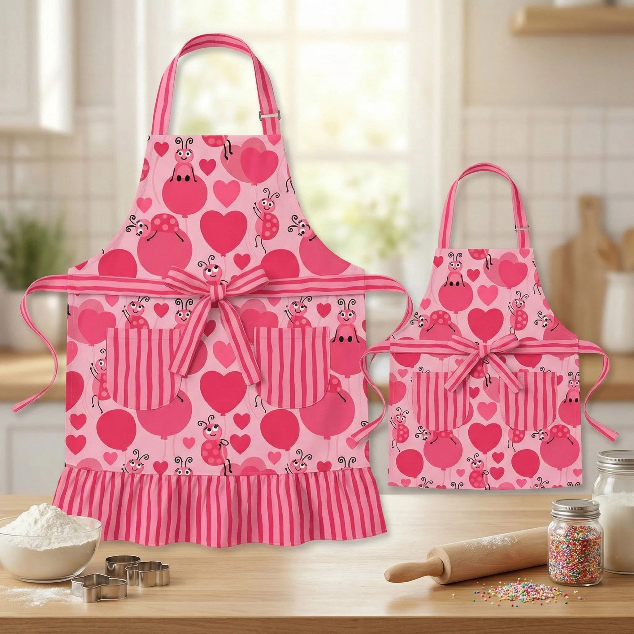 Adult and child aprons featuring a whimsical ladybug and heart pattern from the Love and Ladybugs fabric collection