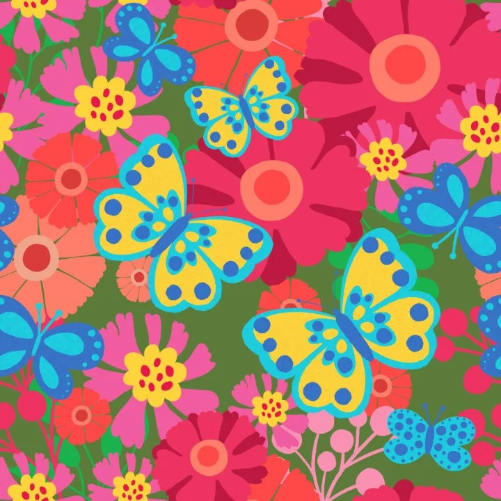 Bright colorful illustration of yellow and blue butterflies among pink, red, orange, and purple flowers with green foliage.