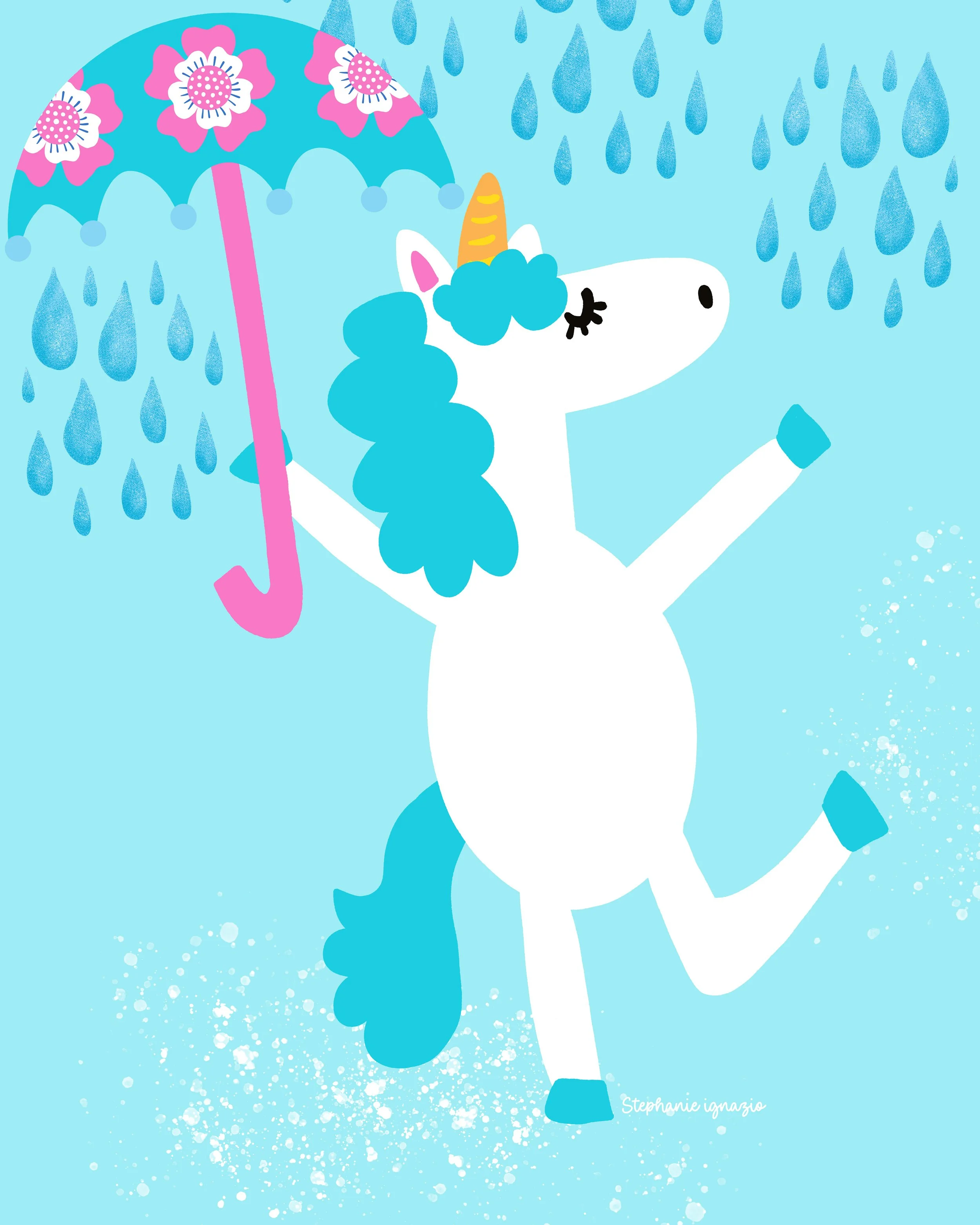 illustration of a magical unicorn dancing in the rain stomping in the  puddles with a teal and pink flowered umbrella on light blue background