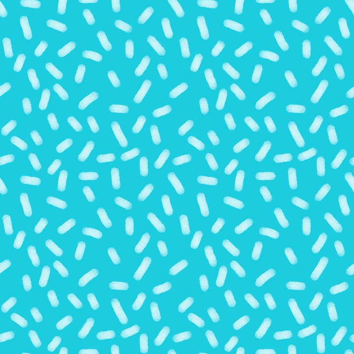 Playful abstract sprinkle pattern with hand-painted white dash marks on a bright aqua background