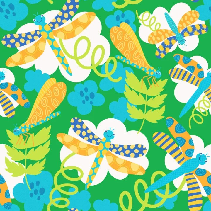 Colorful illustration of dragonflies flying among green leaves, blue flowers, and white clouds.