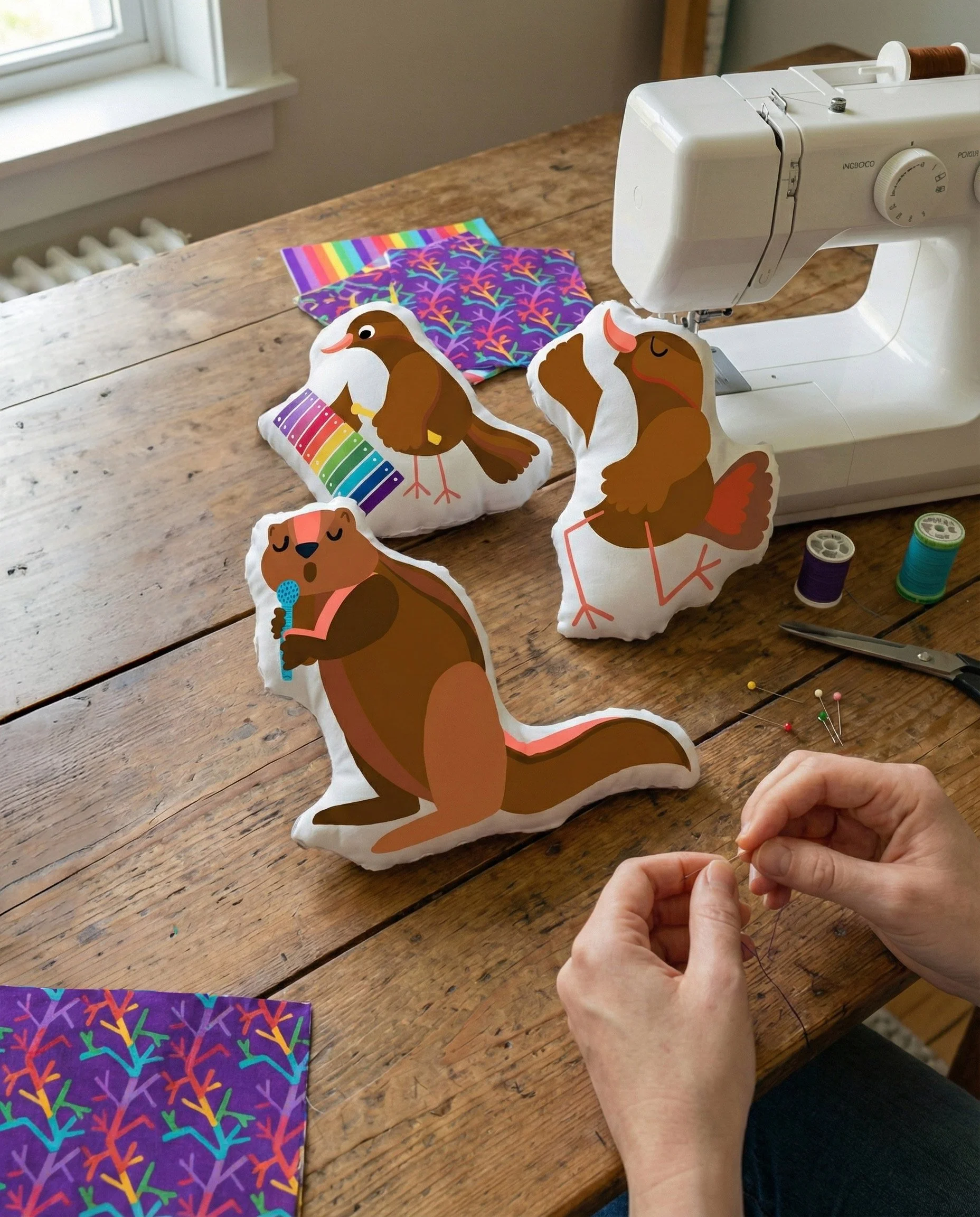 Whimsical, music-themed soft toy and sewing project featuring playful woodland animal characters, rainbow xylophone details, and vibrant patterned fabric. Designed for children’s products, handmade plush toys, nursery décor, educational gifts, and ar