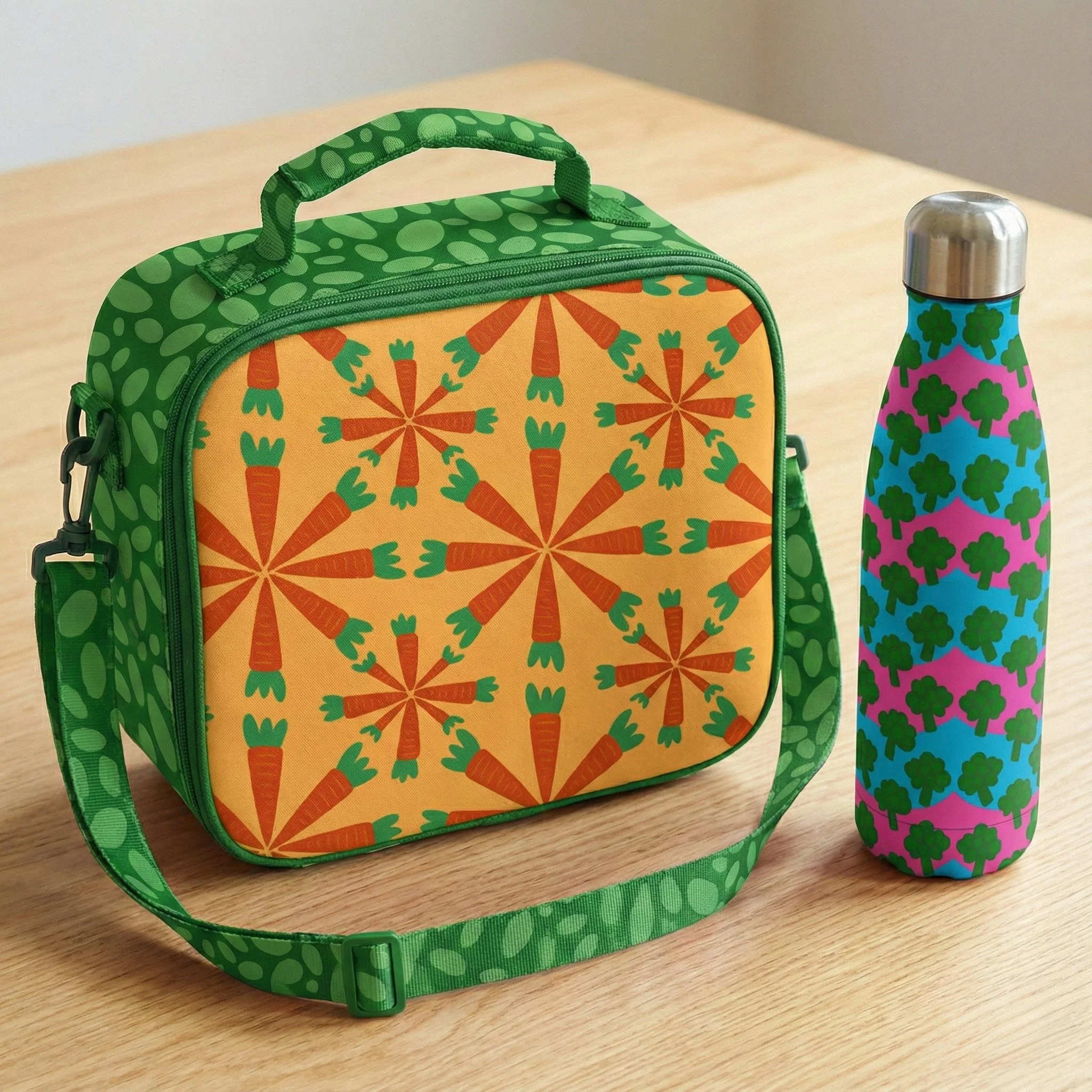 Colorful kids lunch box and water bottle featuring playful carrot and broccoli patterns from the Eat Your Veggies collection. This cheerful food-themed design combines bold vegetable illustrations, bright colors, and modern patterns, making it ideal 