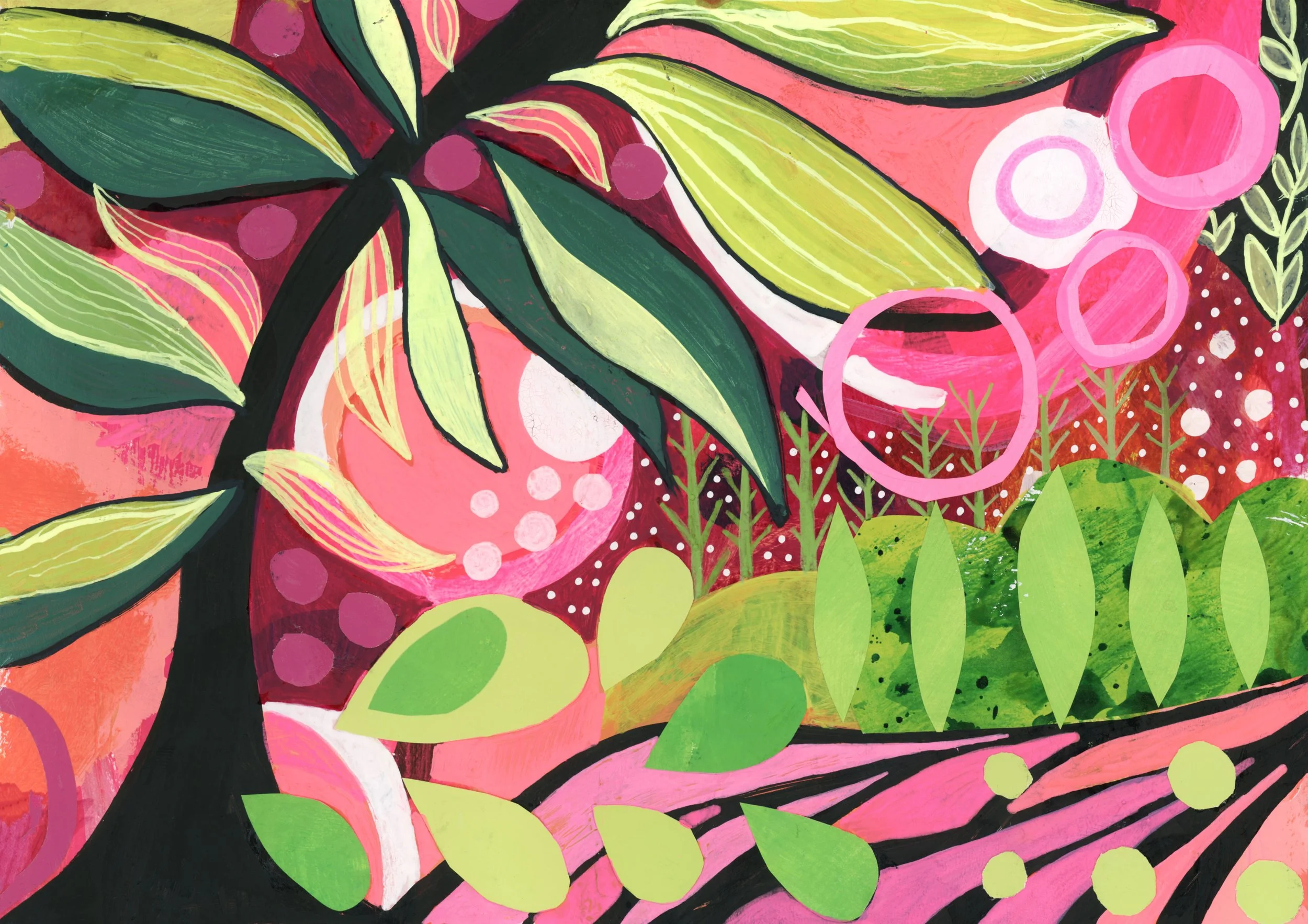 Colorful intuitive abstract painting by Stephanie Ignazio featuring a bold black tree, layered leaves, circular flowers, dots, and botanical patterns in pink, coral, burgundy, and vibrant green.