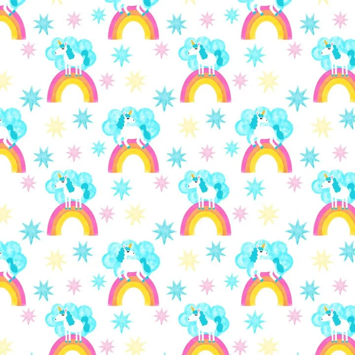 Whimsical unicorn pattern featuring unicorns standing on rainbows surrounded by colorful stars in a playful children’s illustration style
