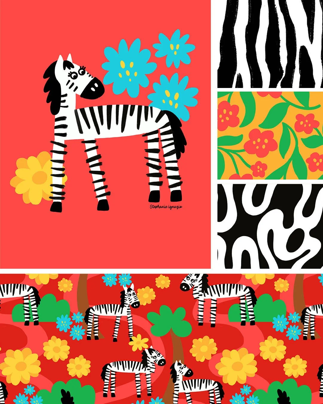 illustration features a cute black and white zebra standing against a bright red background with large blue flowers. Coordinating patterns include zebra stripes, abstract black and white shapes, and a colorful jungle scene