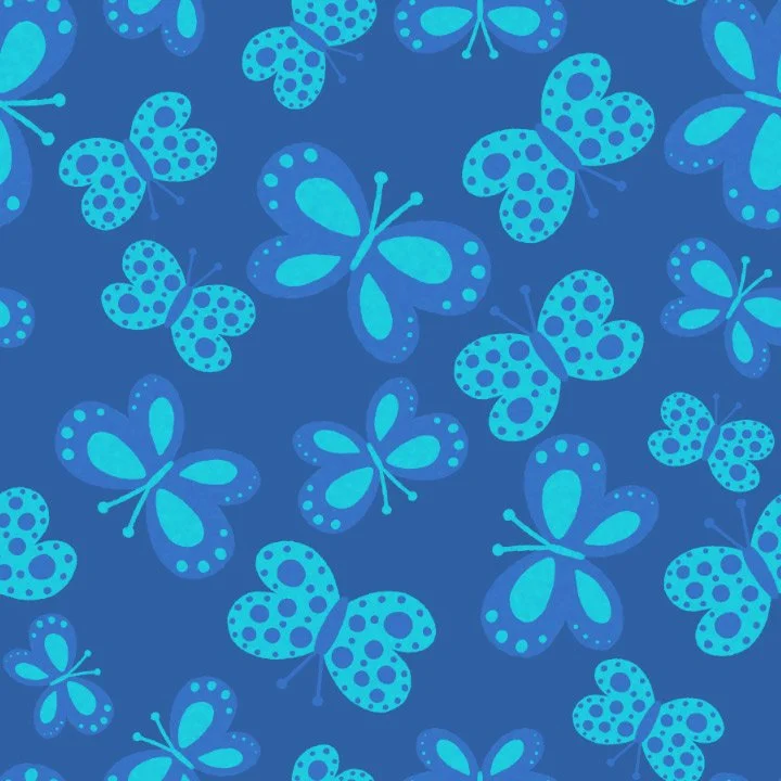 Pattern of blue butterflies with dots on a dark blue background.