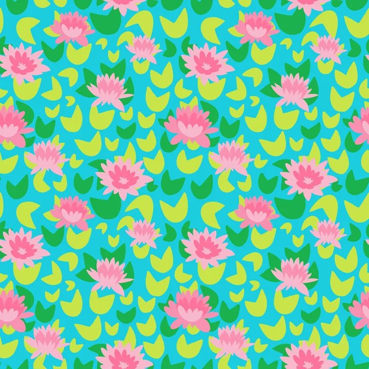 Colorful lotus flower and lily pad pattern with stylized blooms and floating shapes in turquoise, green, and pink, designed as a coordinating fabric print.