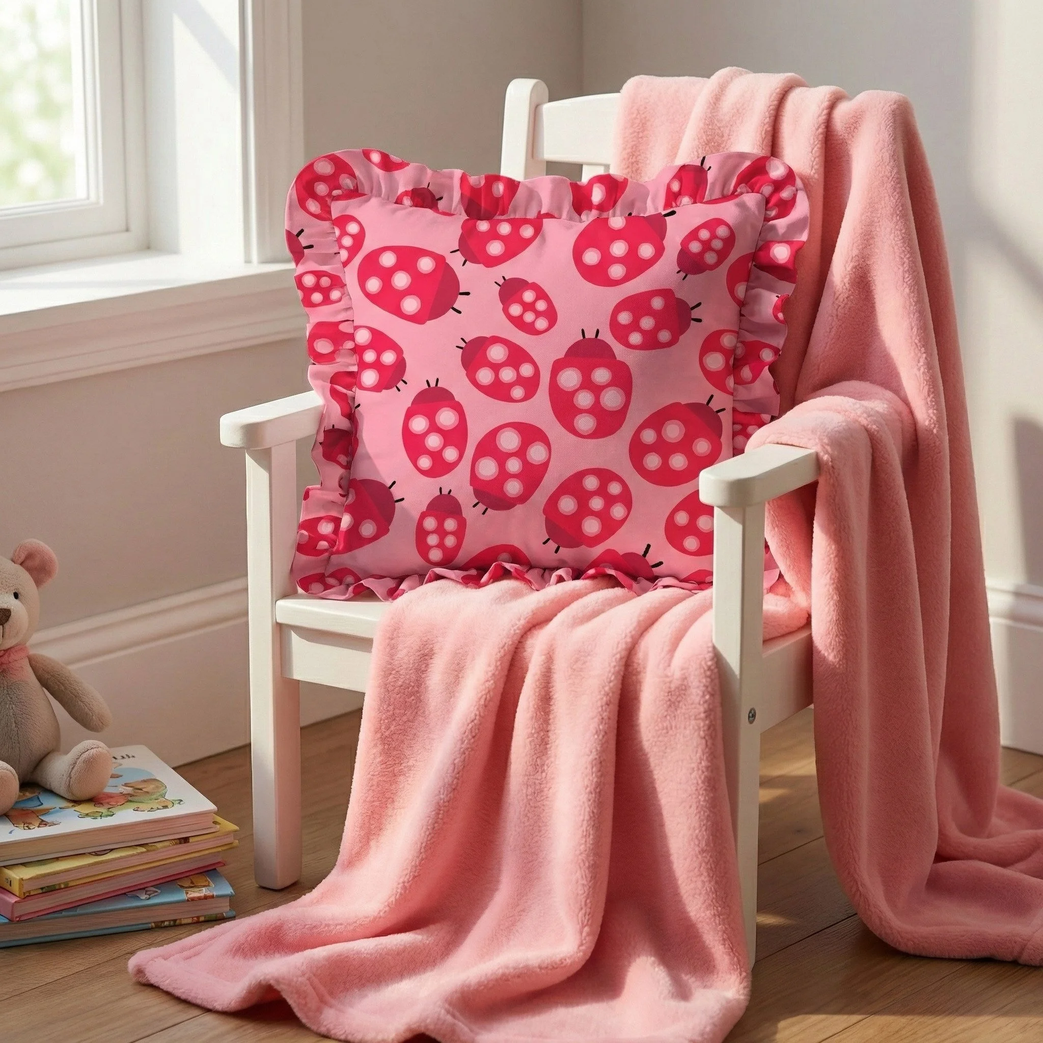 Decorative throw pillow showcasing a playful ladybug and heart pattern from the Love and Ladybugs collection. Whimsical surface design created for home décor, children’s spaces, and joyful textile licensing inspired by love, nature, and cheerful stor