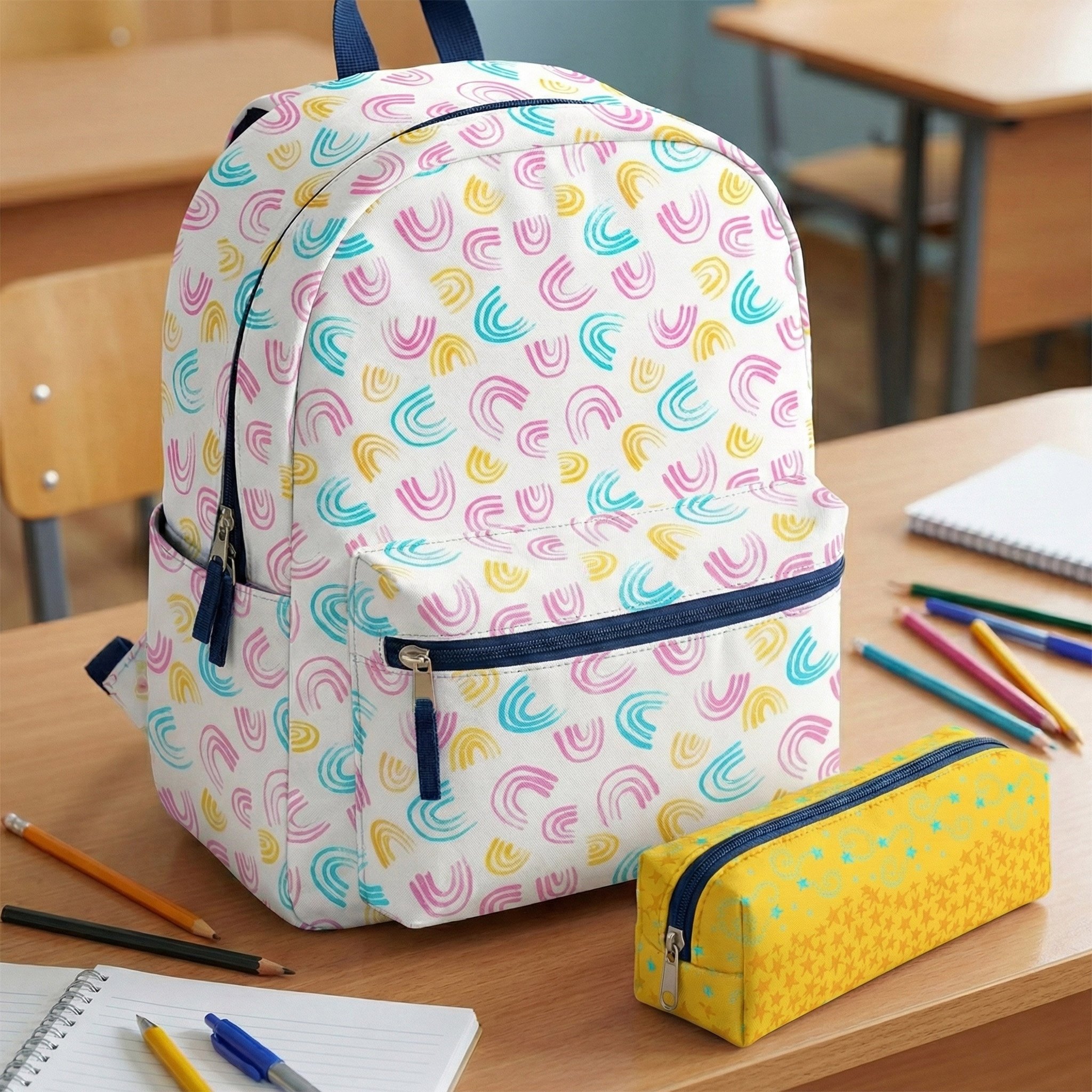 Children’s backpack and pencil case featuring colorful rainbow and star patterns on a school desk
