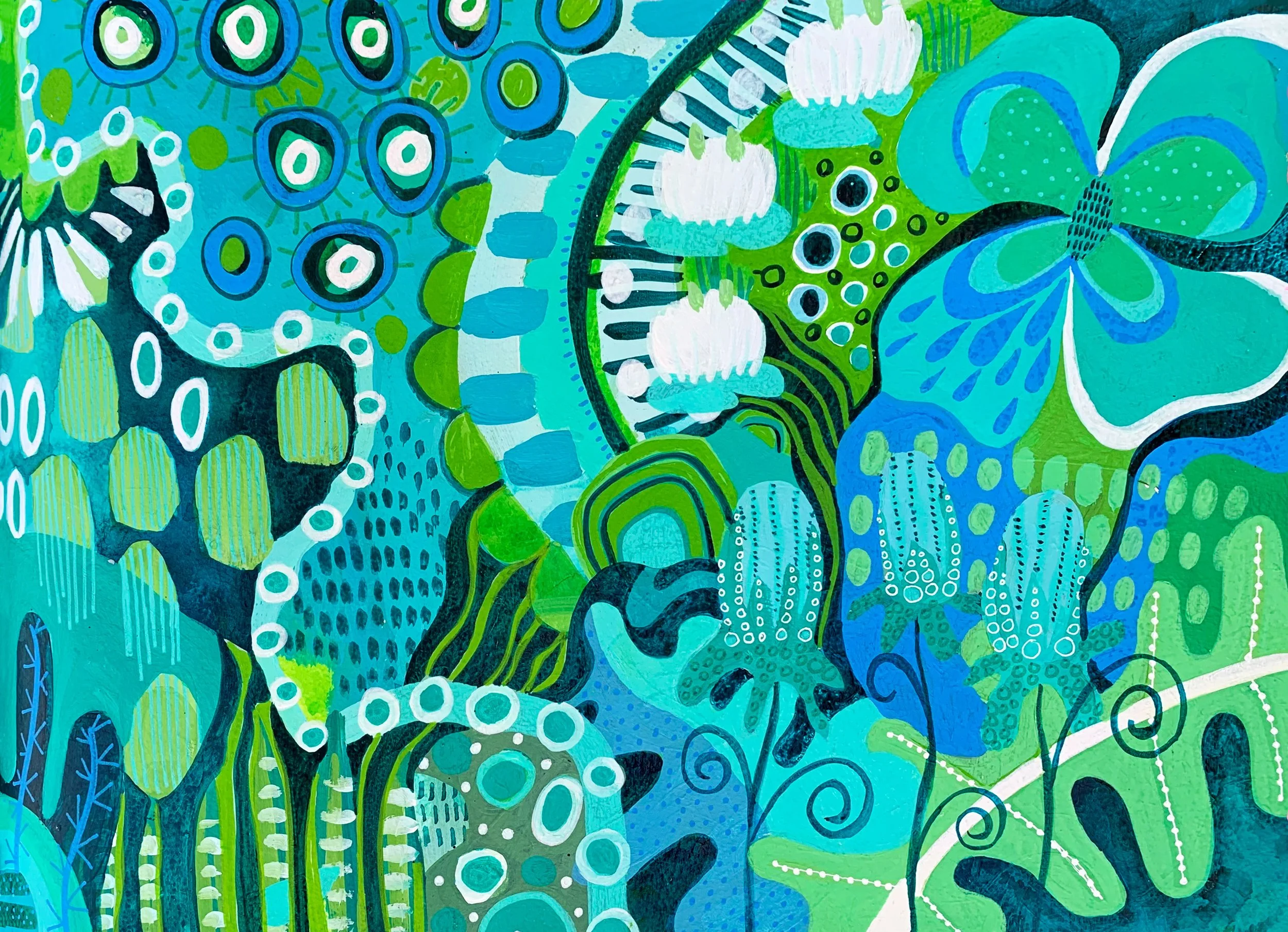 Abstract painting featuring various botanical and organic shapes in shades of blue, green, and white, with patterns resembling flowers, leaves, and other natural elements.