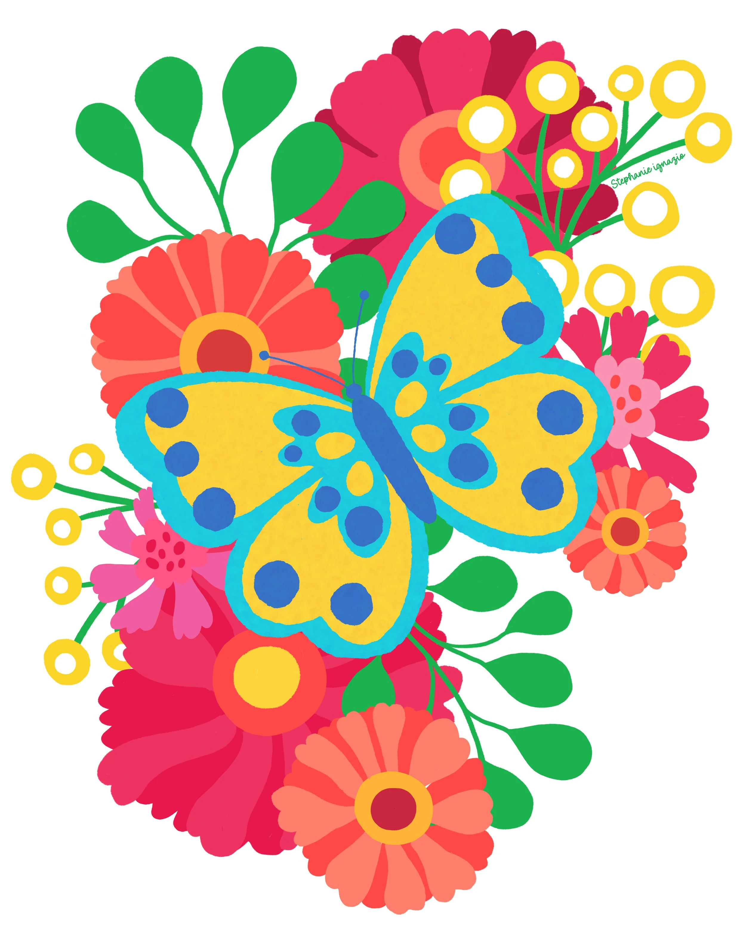 A colorful illustration of a yellow butterfly with blue spots, surrounded by pink, red, and yellow flowers and green leaves.