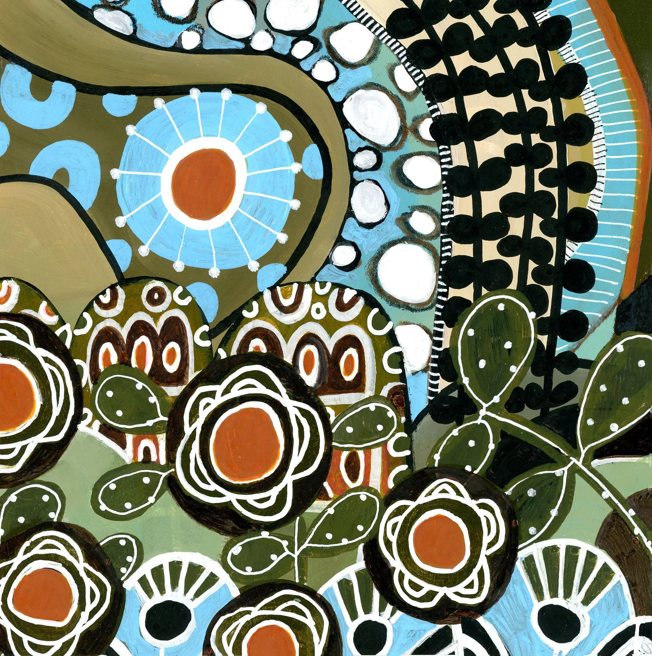 Abstract painting with floral and geometric patterns in earth tones, black, white, and blue.