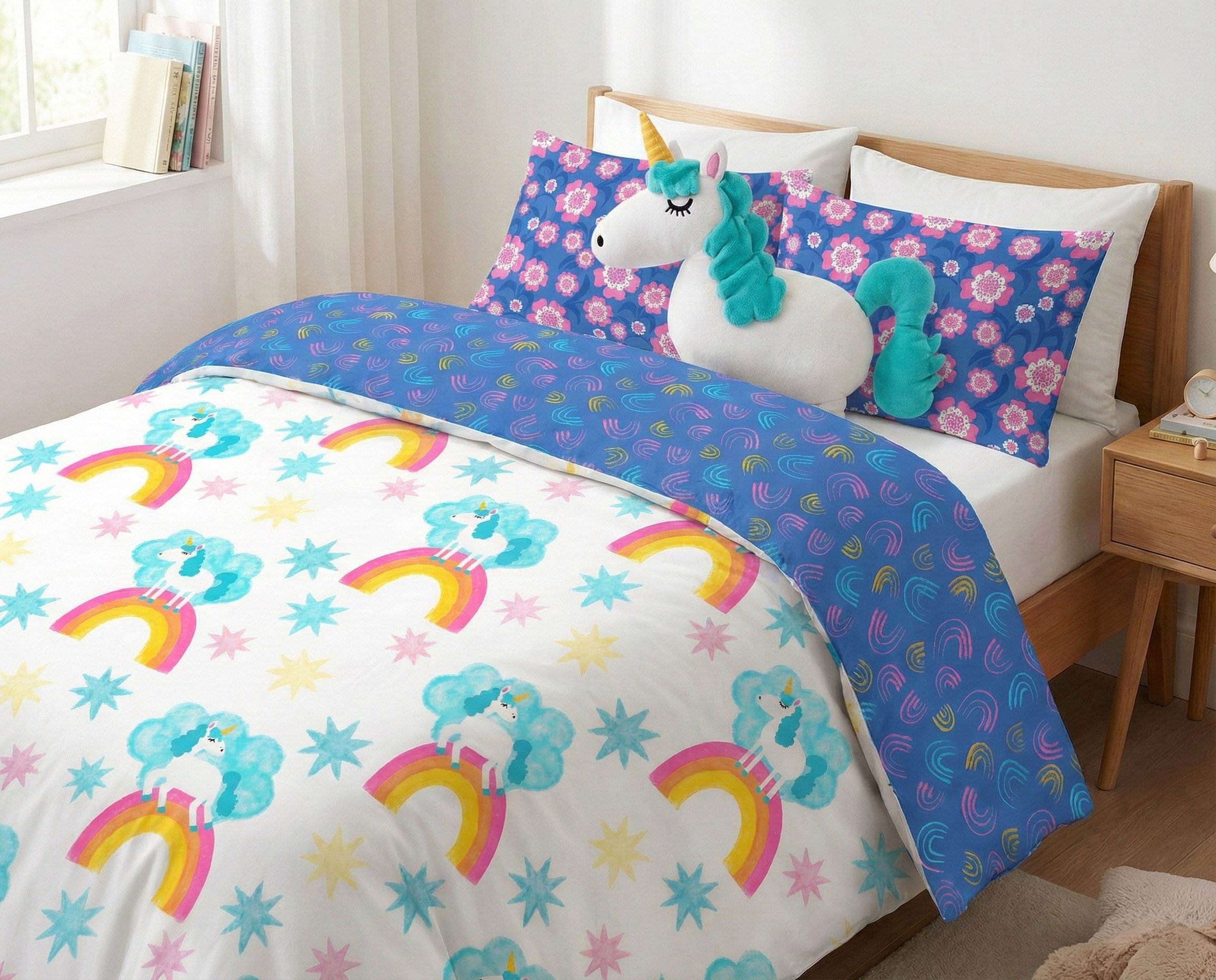 Children’s unicorn bedding featuring rainbow and star patterns with a hand cradted stuffed unicorn and floral pattern pillow cases  in a colorful bedroom setting

