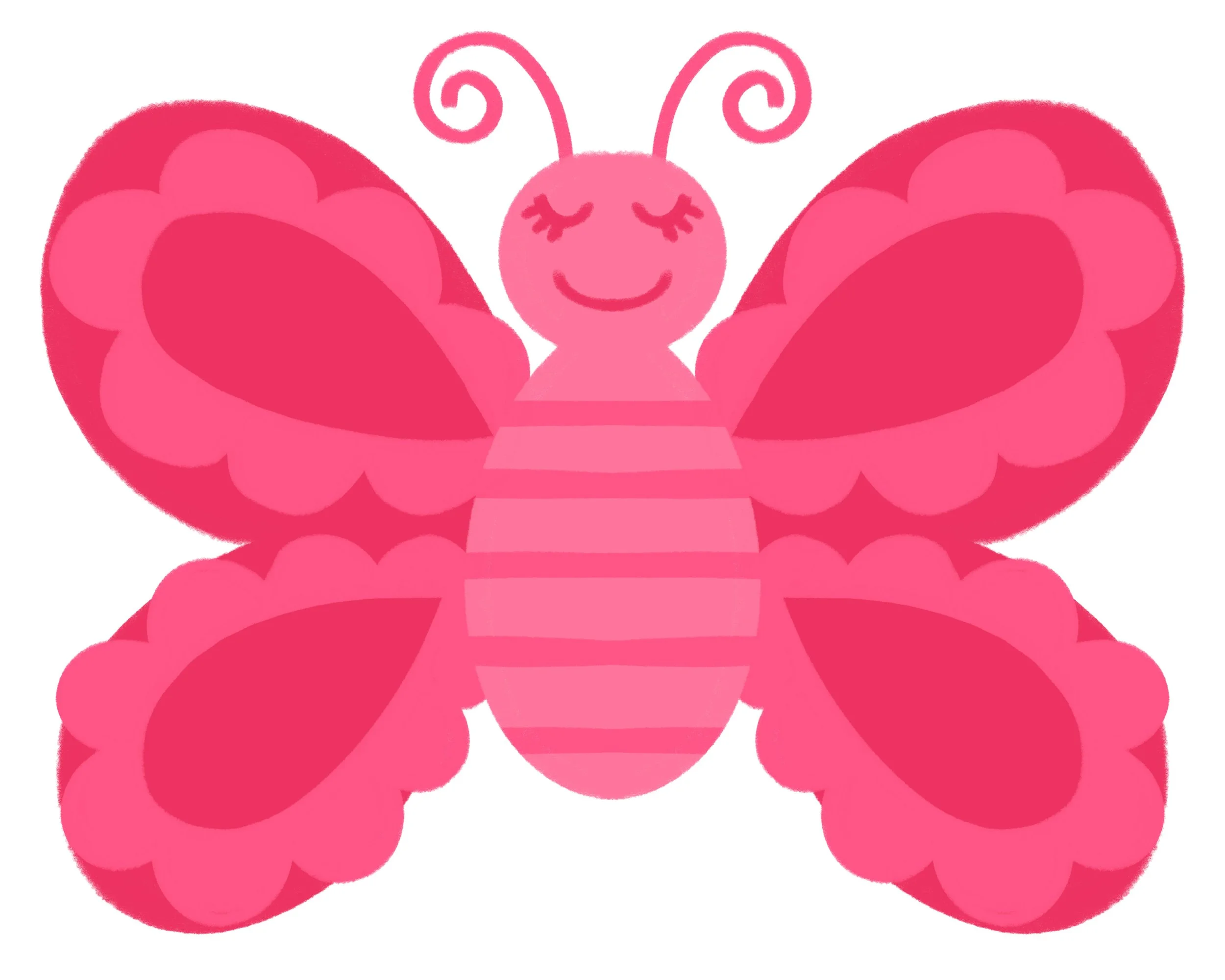 illustration of a happy smiling pink and rosey red butterfly with scalloped wings and a striped body