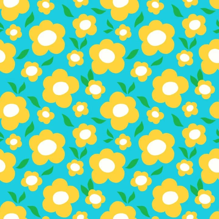 Blue background with yellow and white flowers and green leaves pattern.