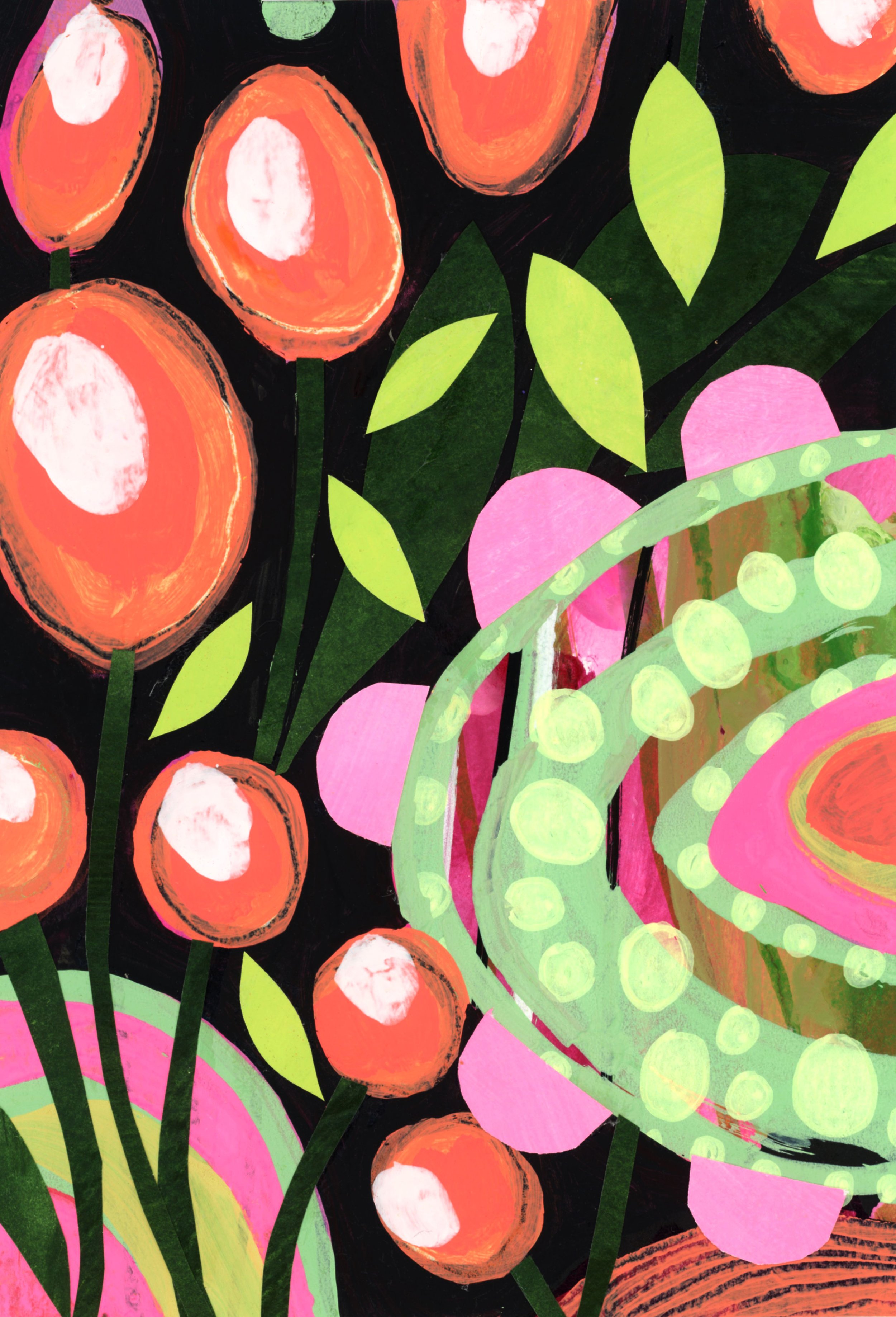 Bright intuitive abstract painting by Stephanie Ignazio featuring tall orange flowers, dark green leaves, and a large layered floral form with playful dots in pink, mint green, lime, and black.