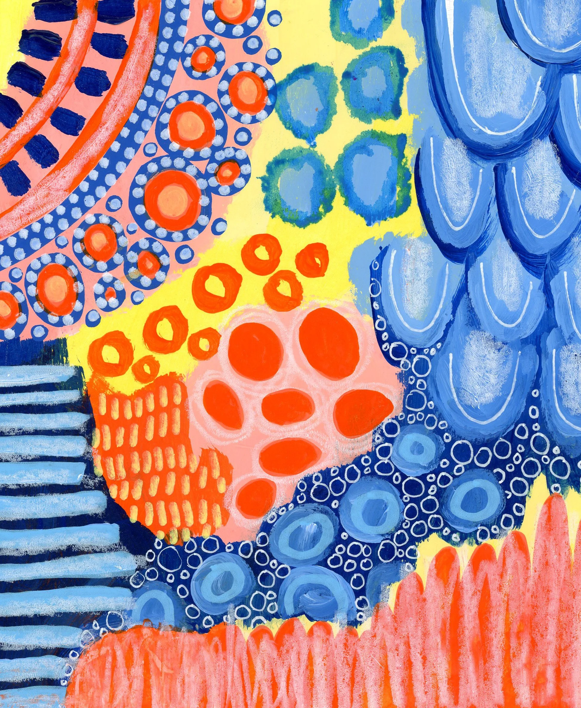 Abstract colorful painting featuring blue, orange, yellow, and pink shapes with various patterns, including circles, stripes, and dots.