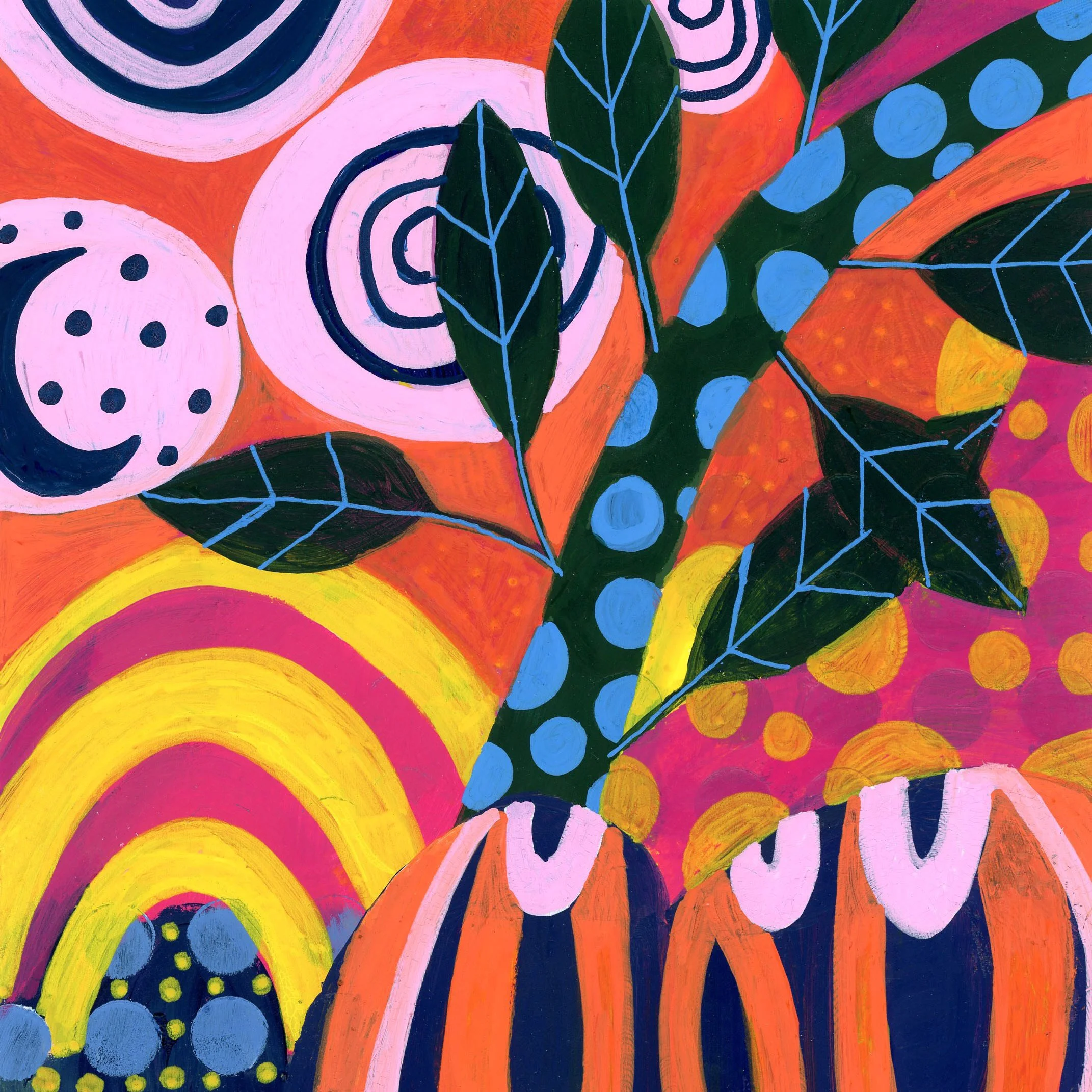 Colorful abstract painting with circular patterns, leaves, and vibrant shades of pink, orange, yellow, blue, and green.