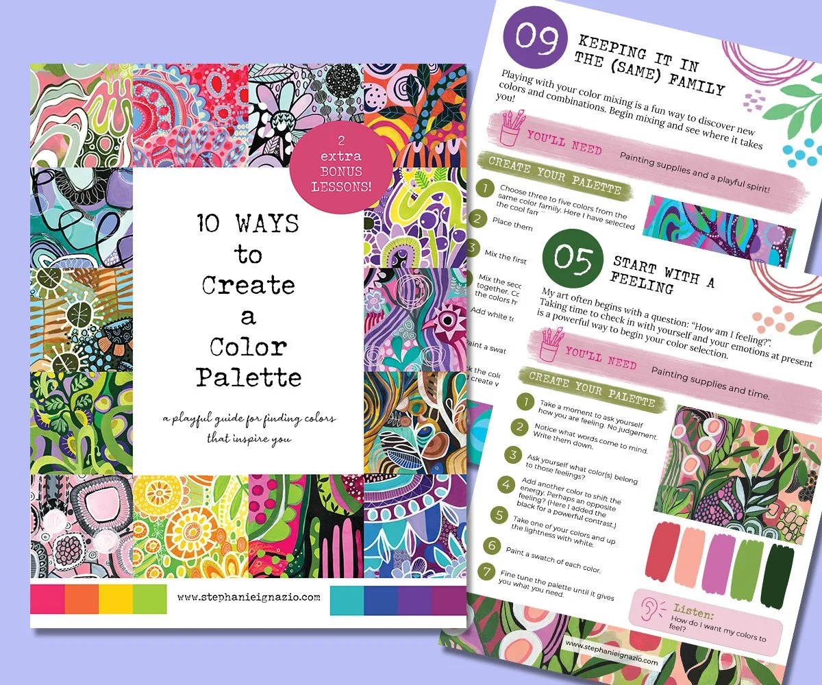 Free printable guide created by artist Stephanie Ignazio. Features colorful artwork, playful color palette exercises. Image shows colorful cover page and sample lesson images.