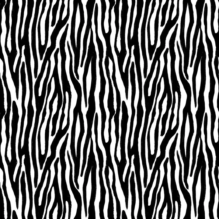Hand-drawn black and white zebra stripe pattern with an organic, painterly texture for modern fabric and surface design.
