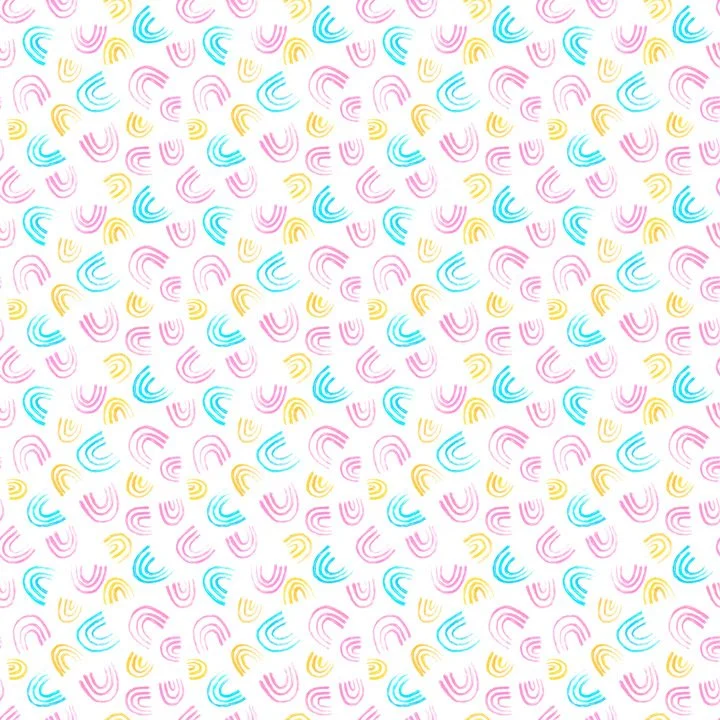 Playful rainbow doodle pattern with hand-drawn arc shapes in pink, blue, and yellow on a white background