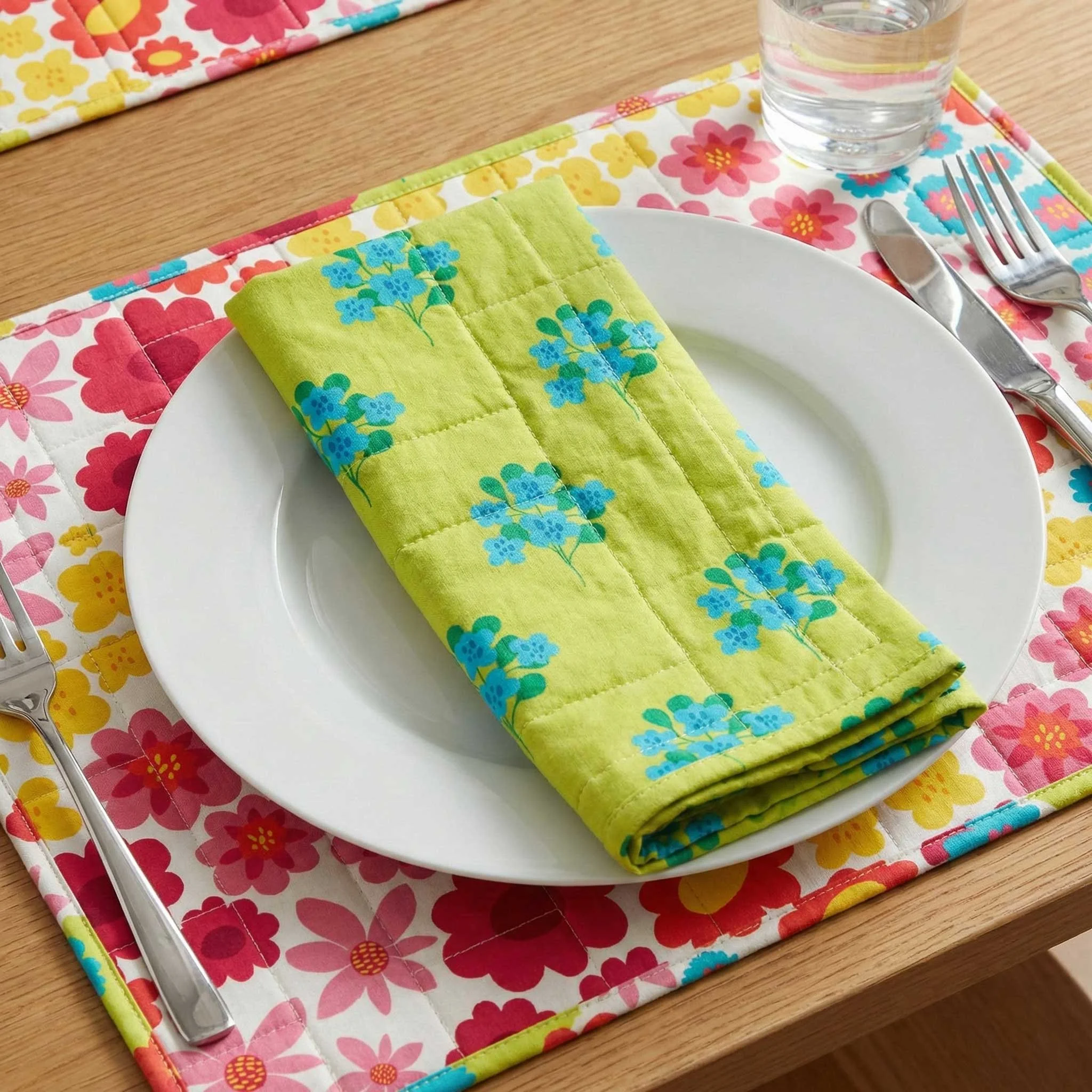 quilted napkin in lime green with hydrangea flower pattern sitting on top of white plate that is on top of a multicolored floral pattern of different sized whimsical flowers