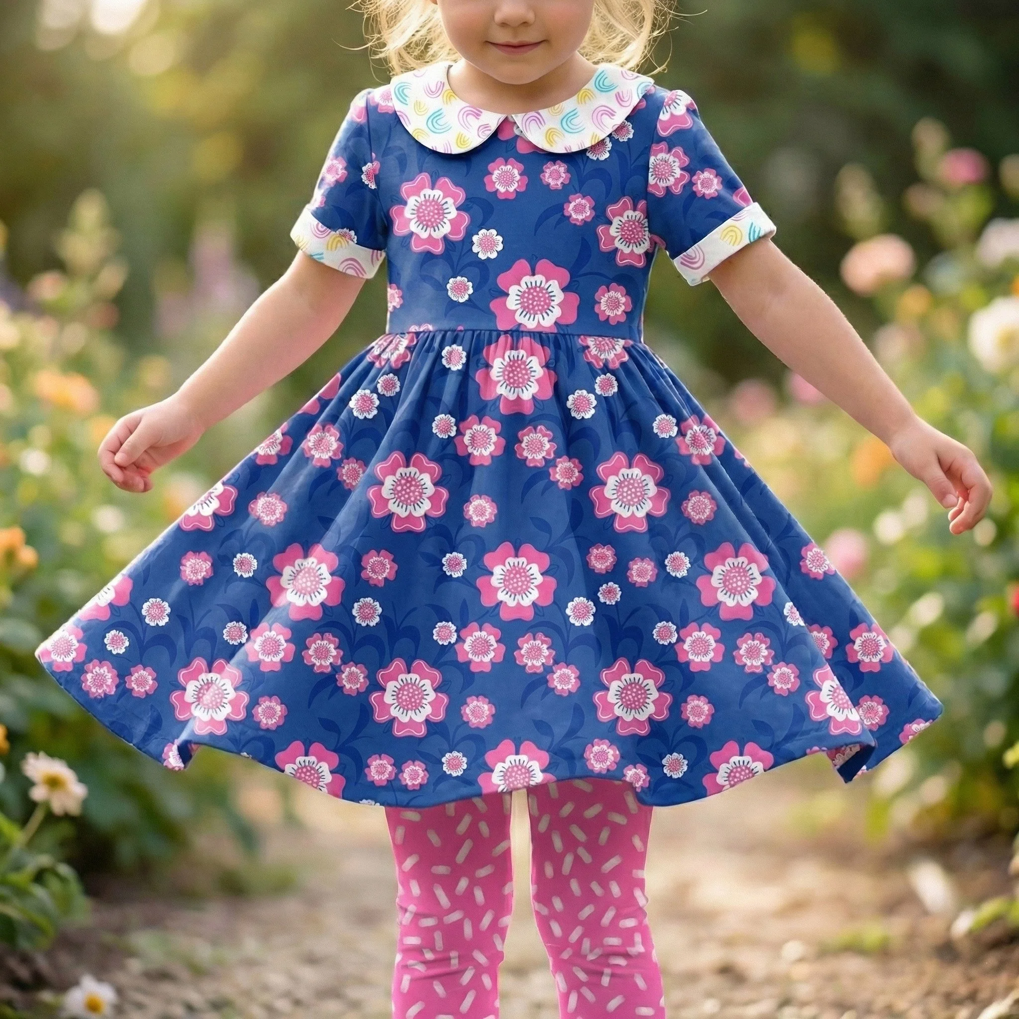 Children’s floral dress featuring a blue and pink patterned fabric with pink sprinkle patterned leggings
