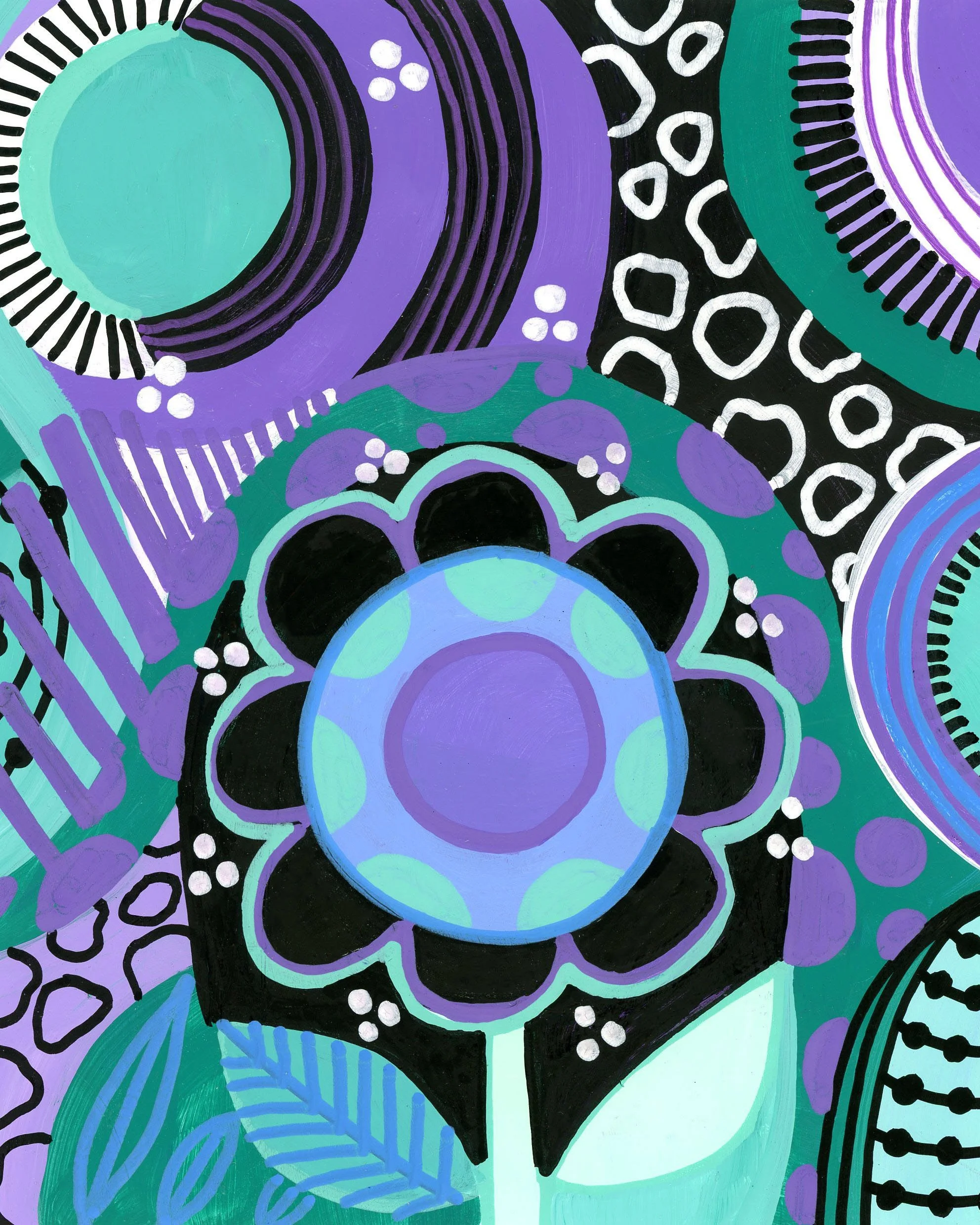 Abstract colorful painting with patterns inspired by nature, featuring a central flower with a purple and blue circular center and black petals, surrounded by green leaves, purple dots, and various geometric and organic shapes in shades of purple, bl