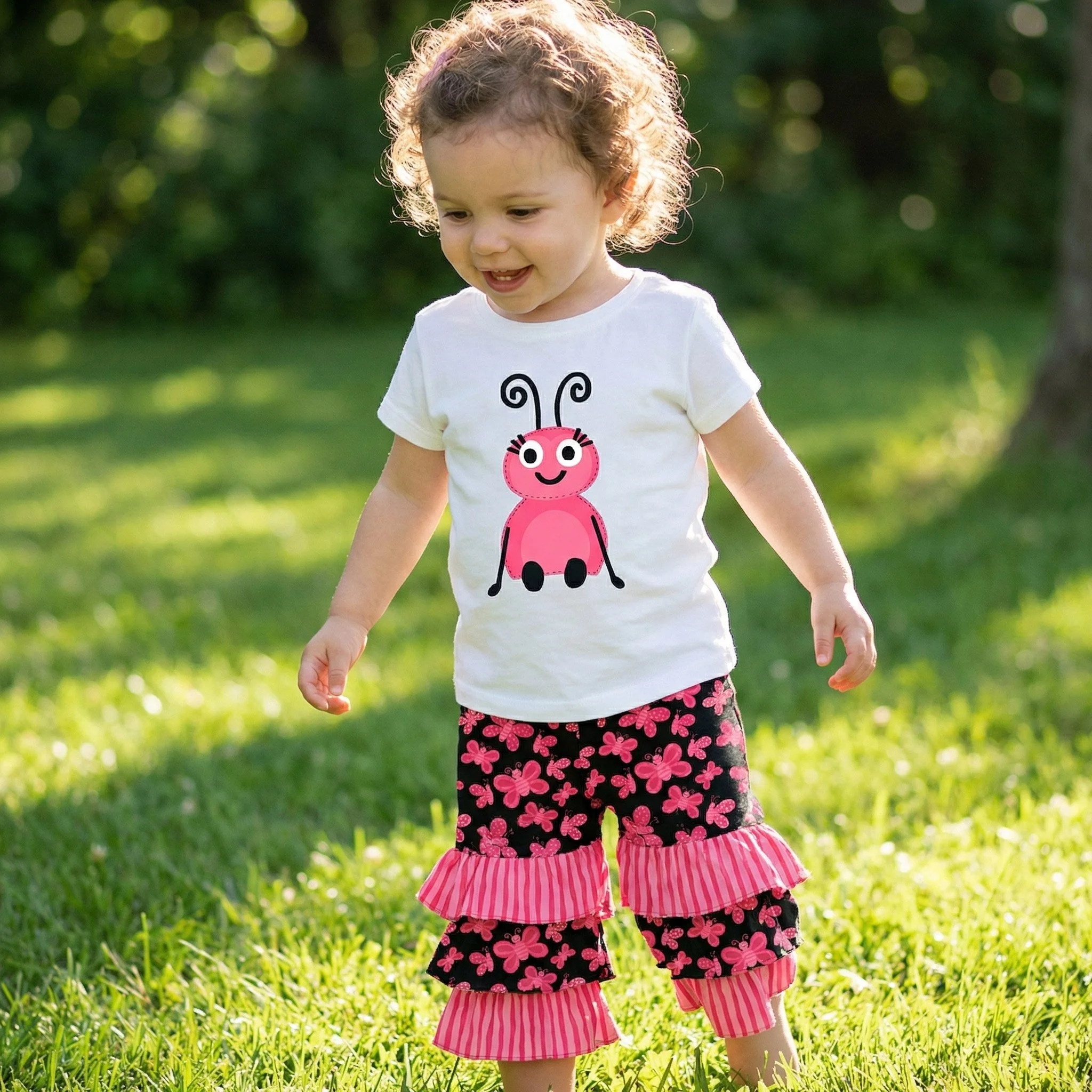 Playful children’s outfit showcasing a cheerful ladybug character illustration paired with coordinating floral and striped fabrics from the Love and Ladybugs collection. Designed for kids’ apparel, baby fashion, and whimsical textile licensing inspir
