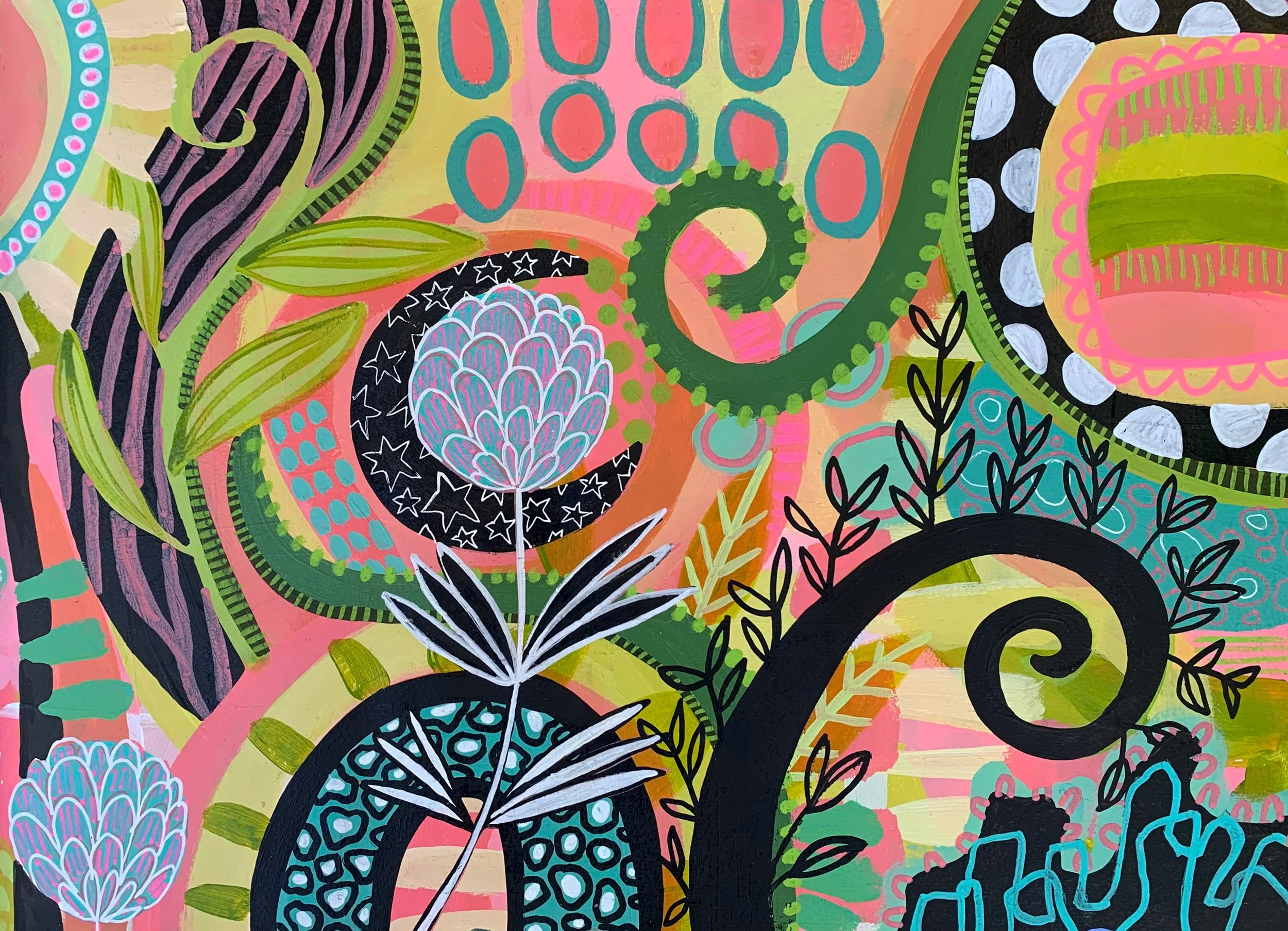 Abstract colorful painting featuring swirling patterns, floral motifs, and geometric shapes in bright pink, green, blue, black, and peach tones.