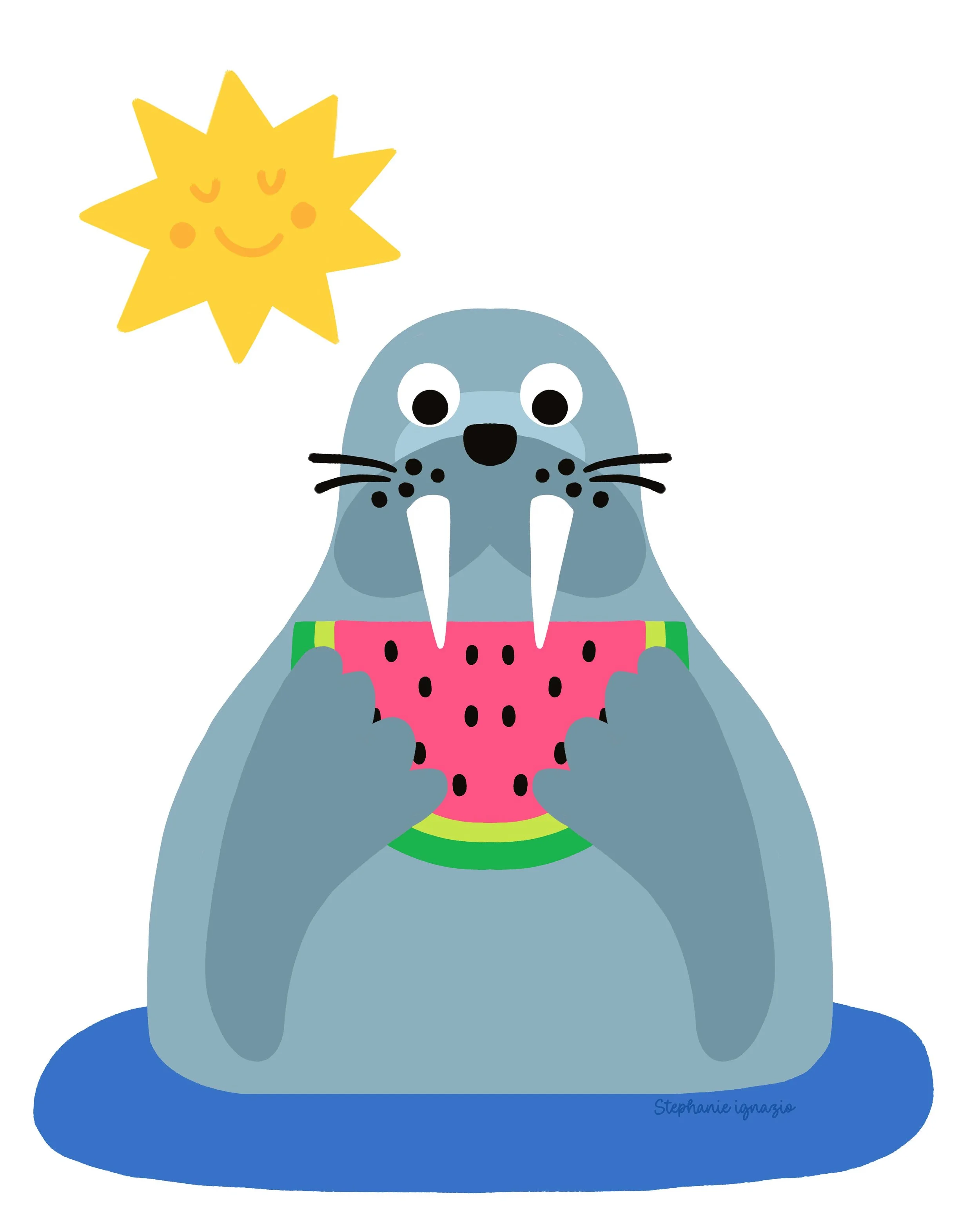 illustration of a friendly walrus holding watermelon with a smiling sun in the top left corner