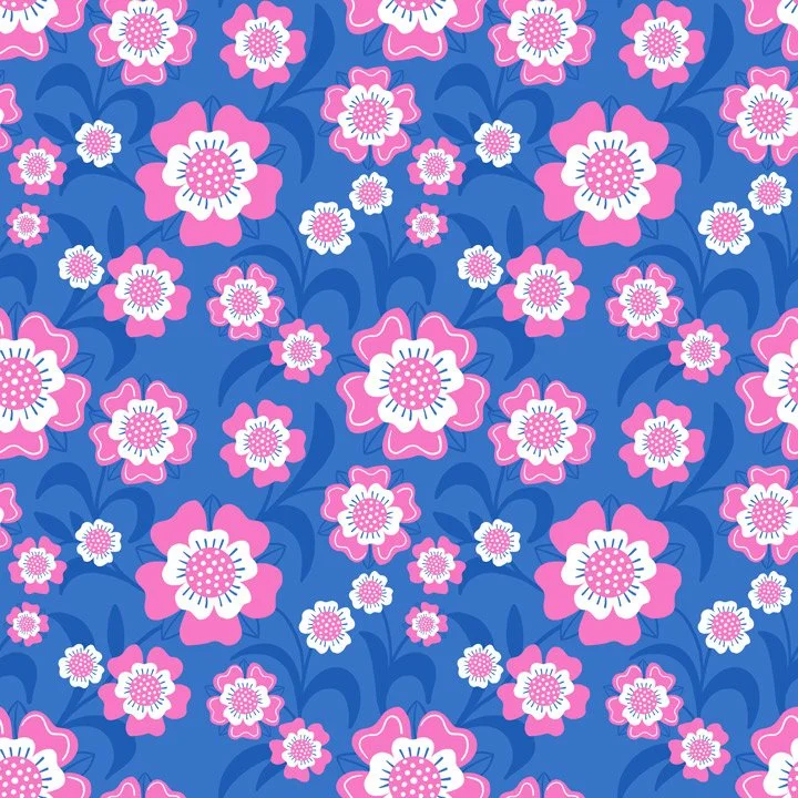 Whimsical floral pattern with pink flowers and leafy shapes on a blue background in a playful children’s illustration style